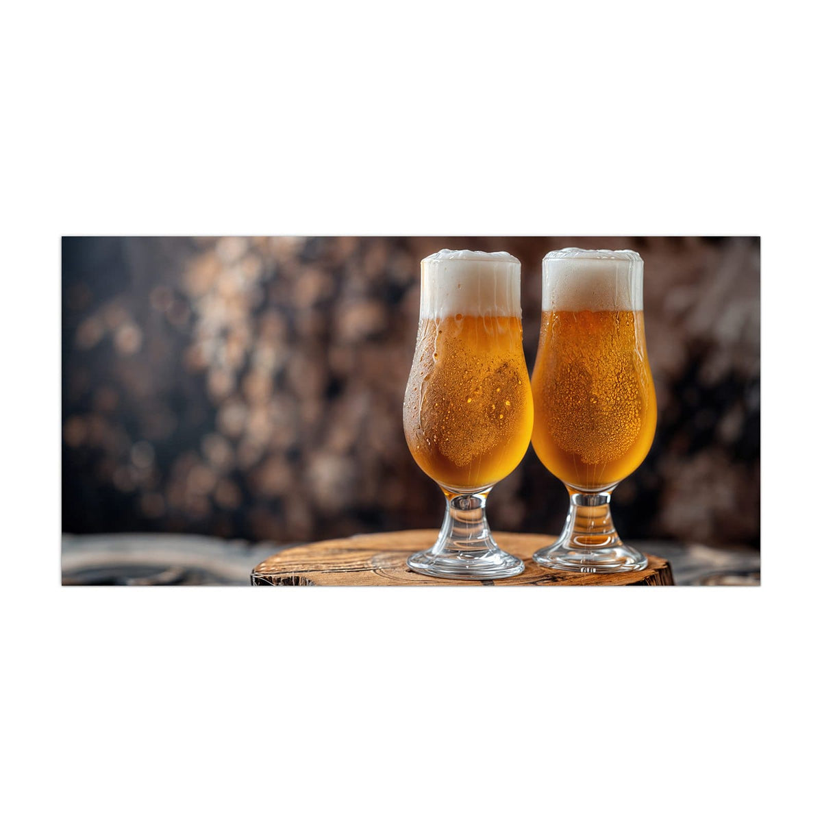 Küchenrückwand aus Glas Bier auf Holzstumpf im Hochformat, Motiv bildfüllend von vorn