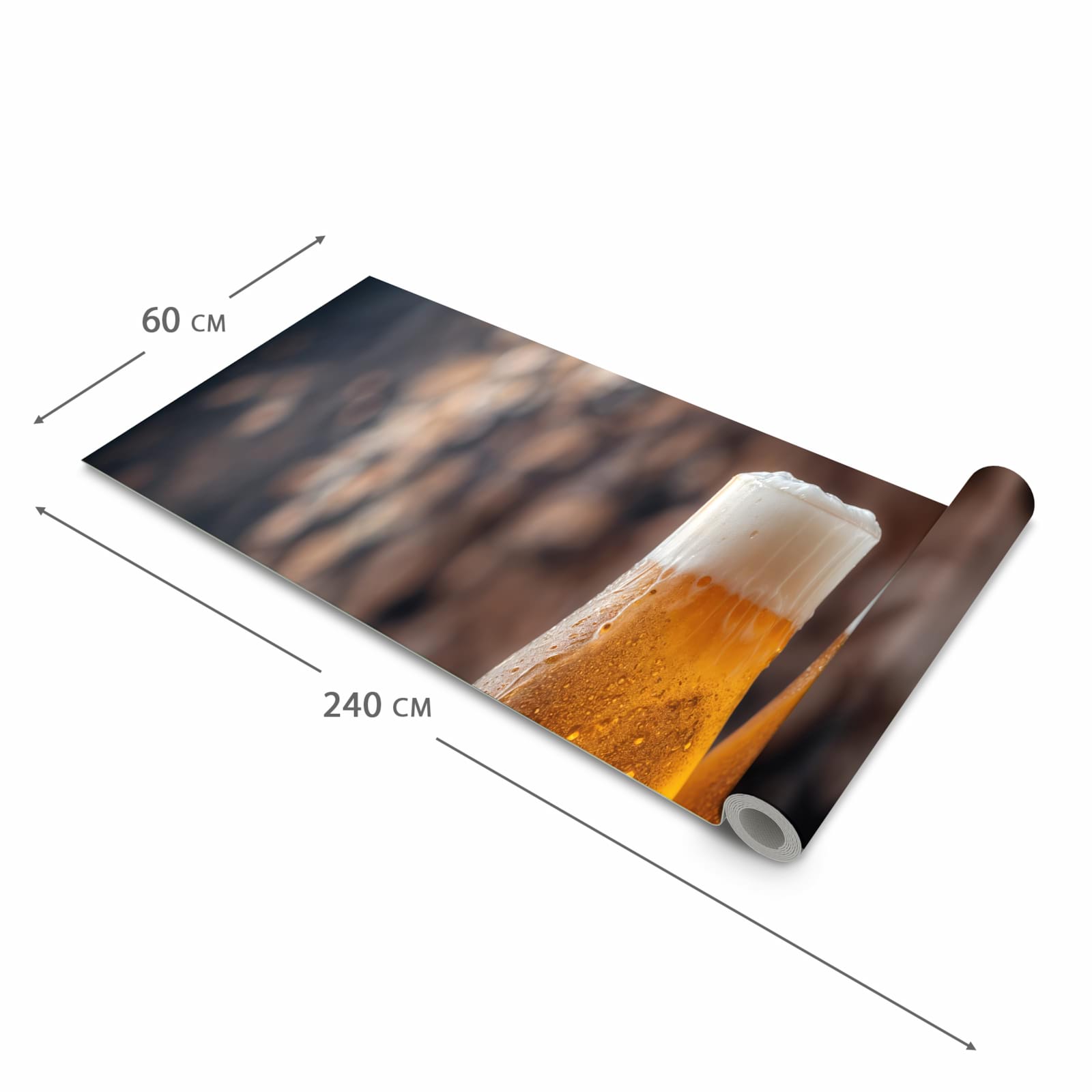 Bodenschonender Küchenteppich mit Motiv Bier auf Holz in der Grösse 60x90 cm