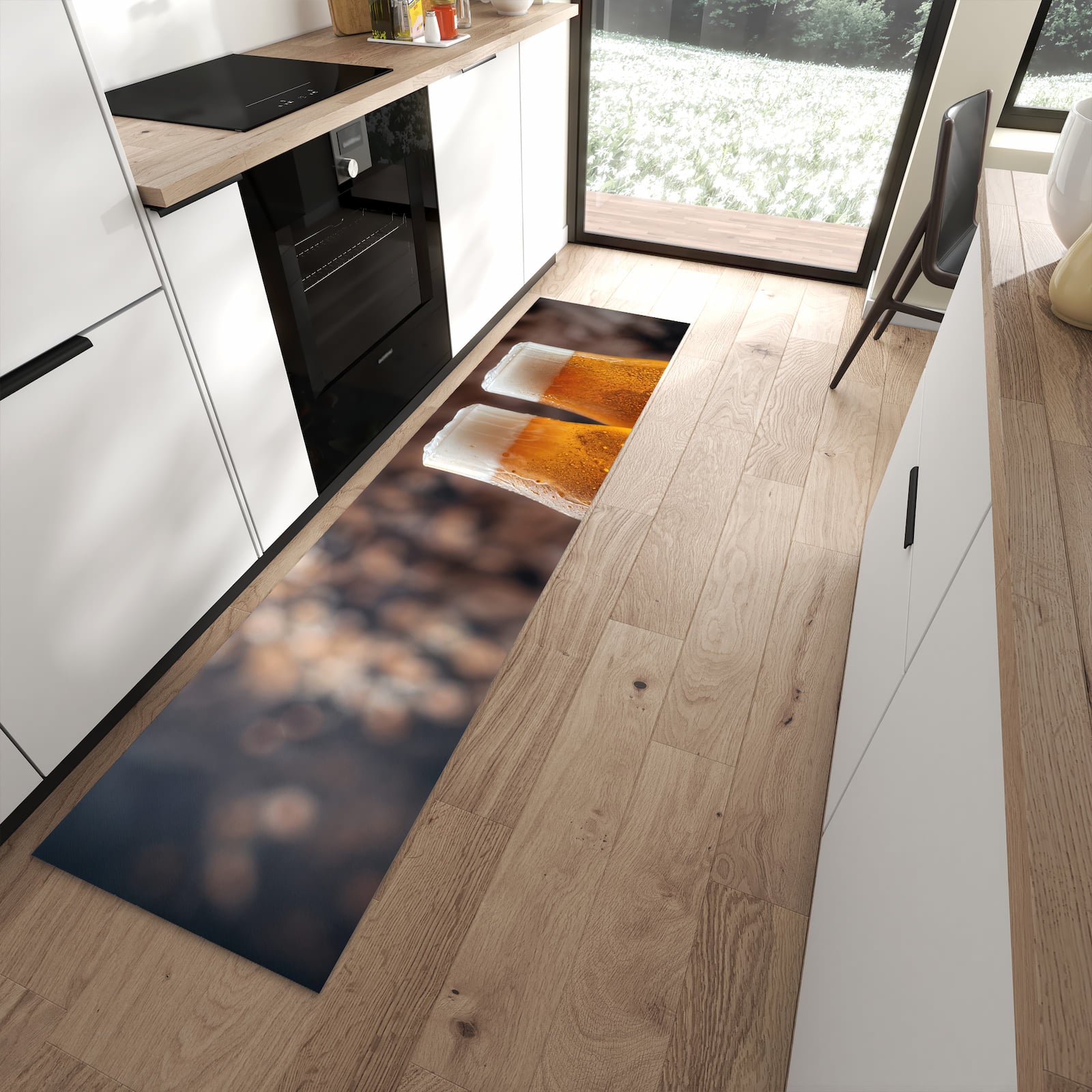 Langlebiger Küchenläufer mit Motiv Bier auf Holz in moderner Küche