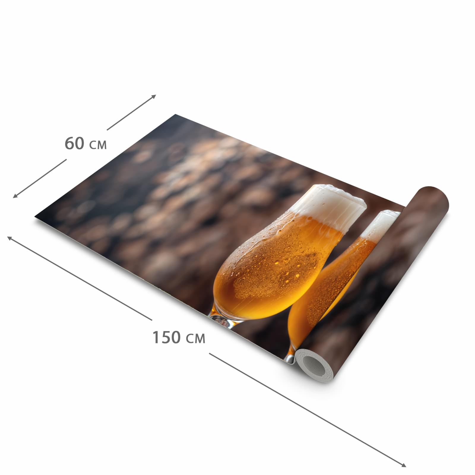 Bodenschonender Küchenteppich mit Motiv Bier auf Holz in der Größe 60x90 cm