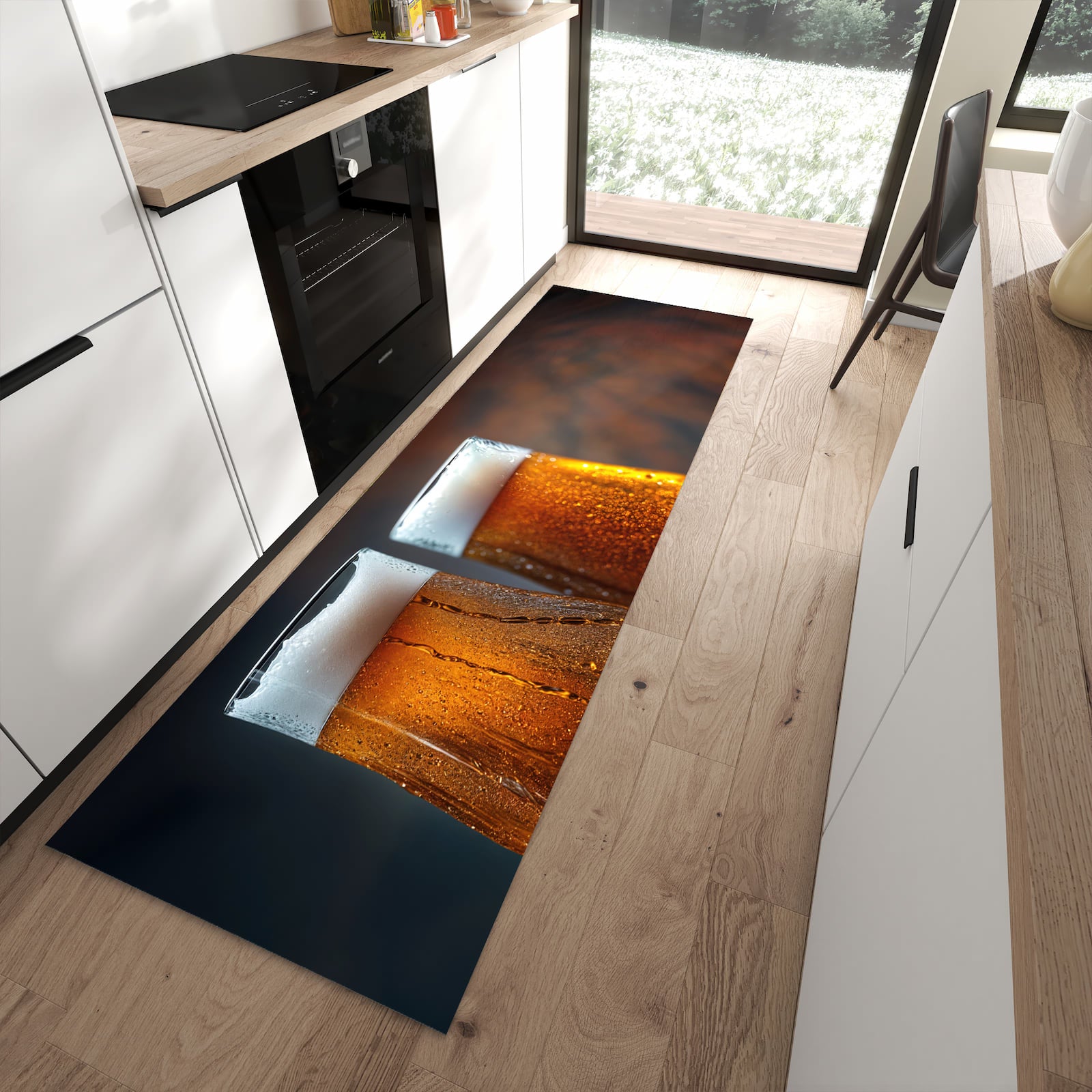 Pflegeleichter Läufer für die Küche mit Motiv Zwei Biergläser Holz in moderner Küche