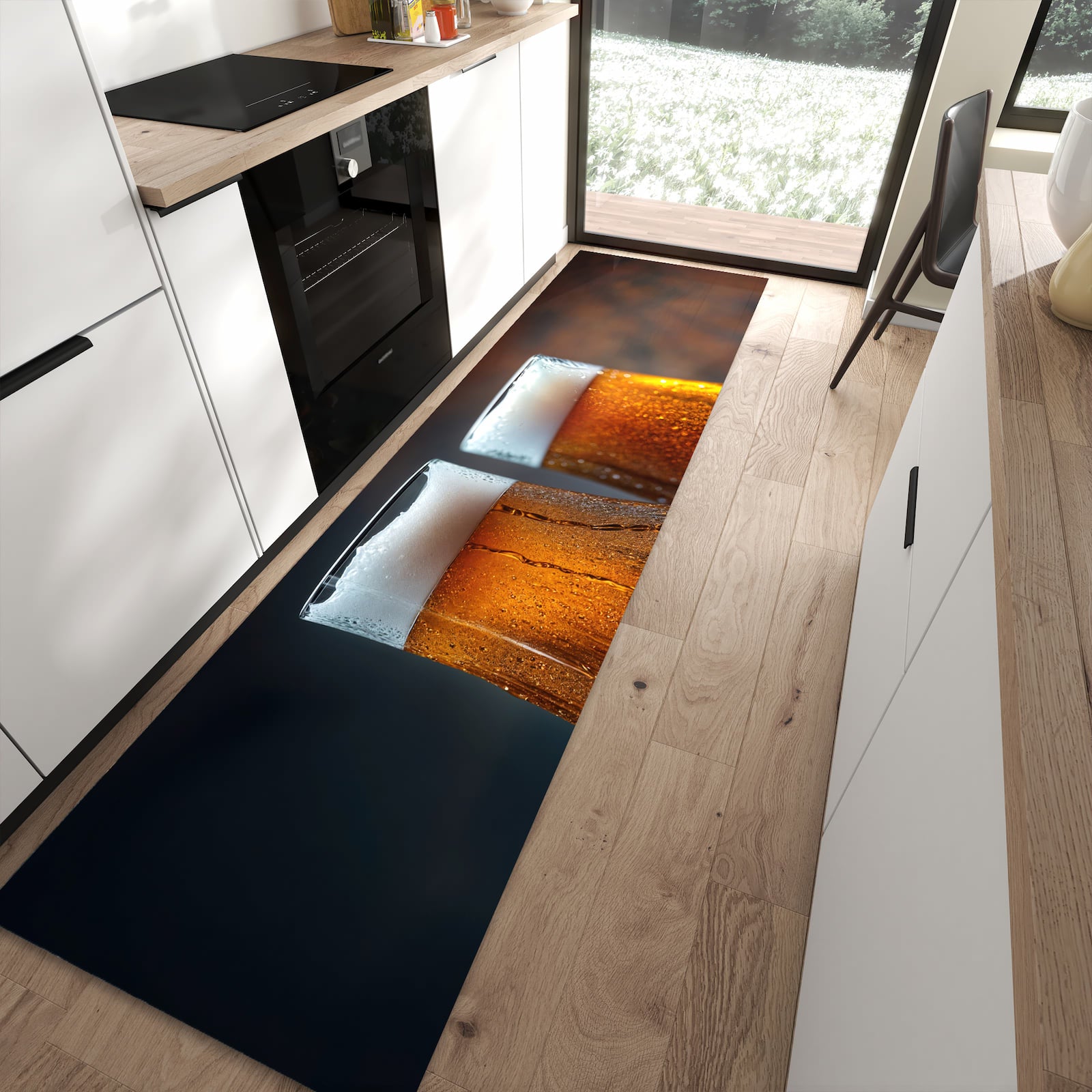 Rutschfester Küchenläufer mit Motiv Zwei Biergläser Holz in moderner Küche