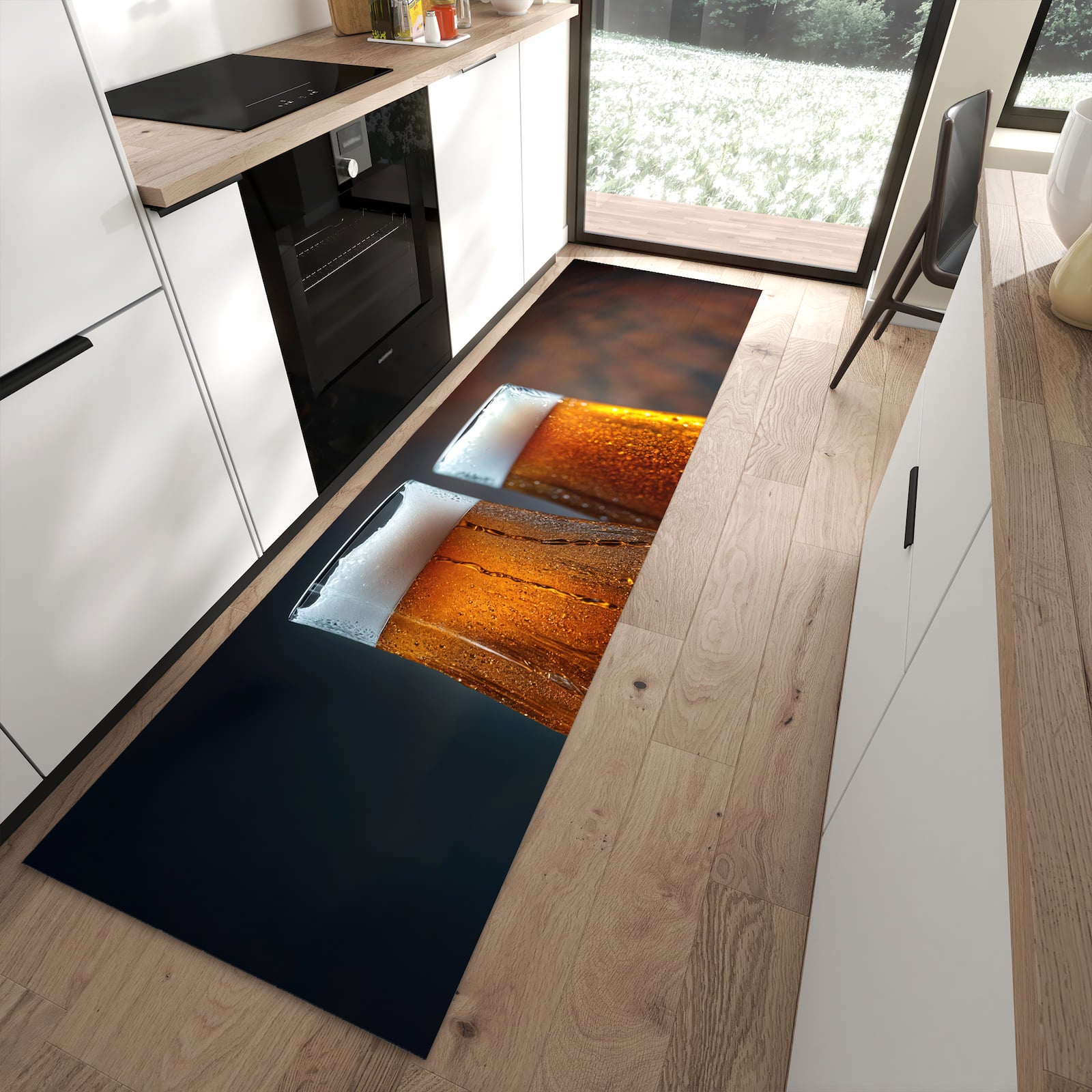 Komfortabler Küchenläufer mit Motiv Zwei Biergläser Holz in moderner Küche