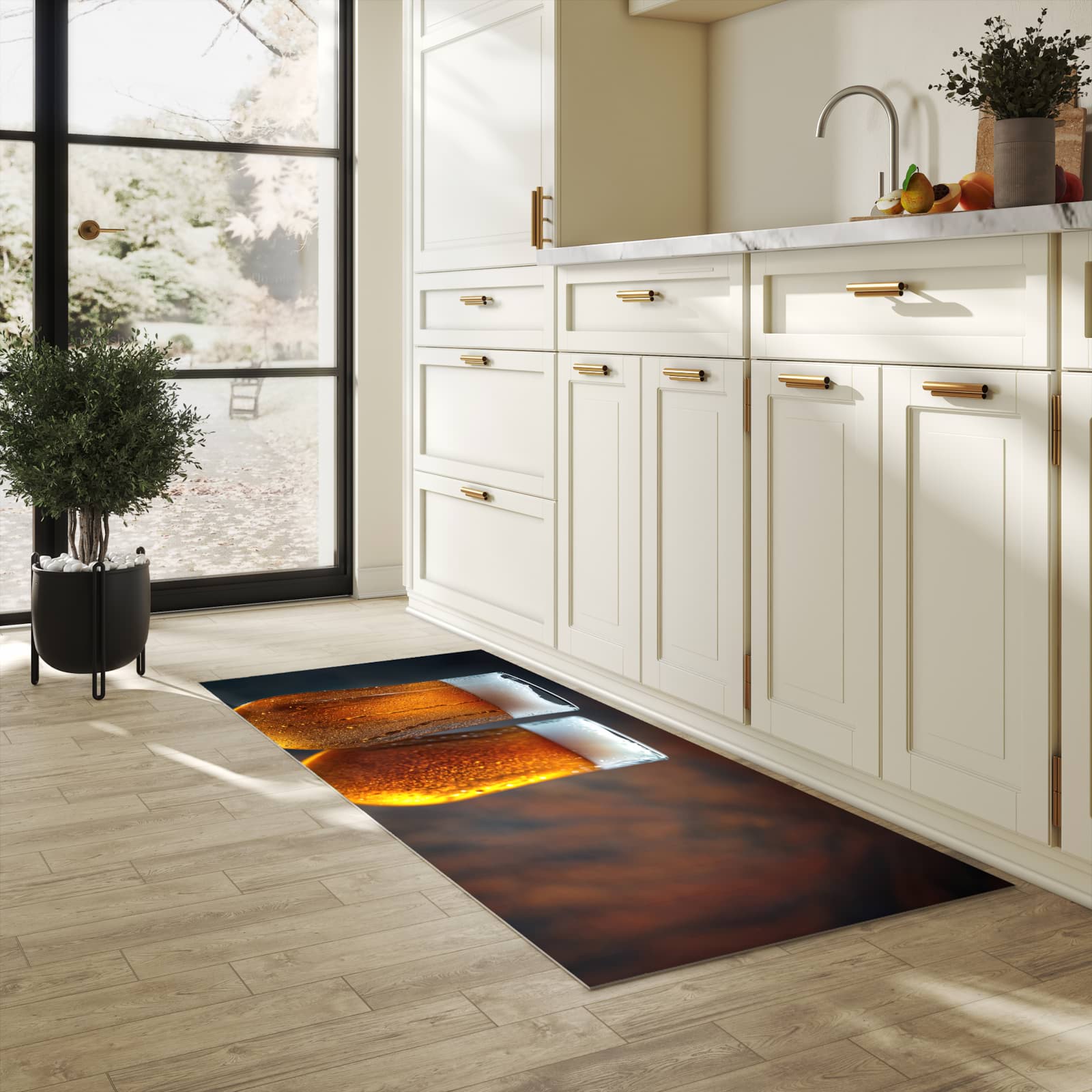 Pflegeleichter moderner Küchenläufer mit Motiv Zwei Biergläser Holz in heller Küche