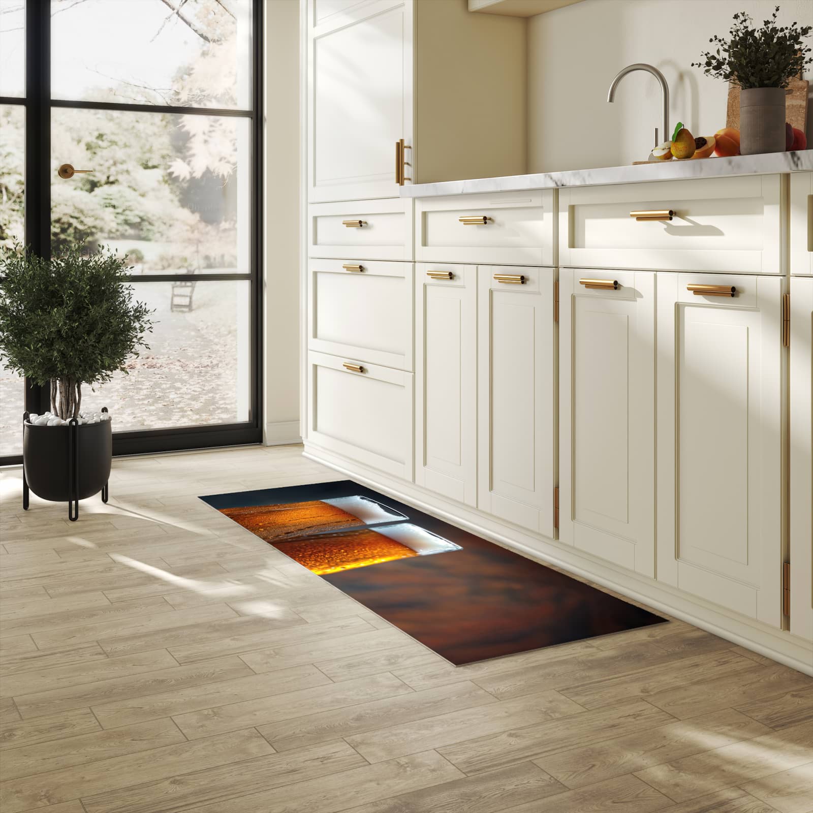 Fleckenresistenter Küchenläufer mit Motiv Zwei Biergläser Holz in heller Küche