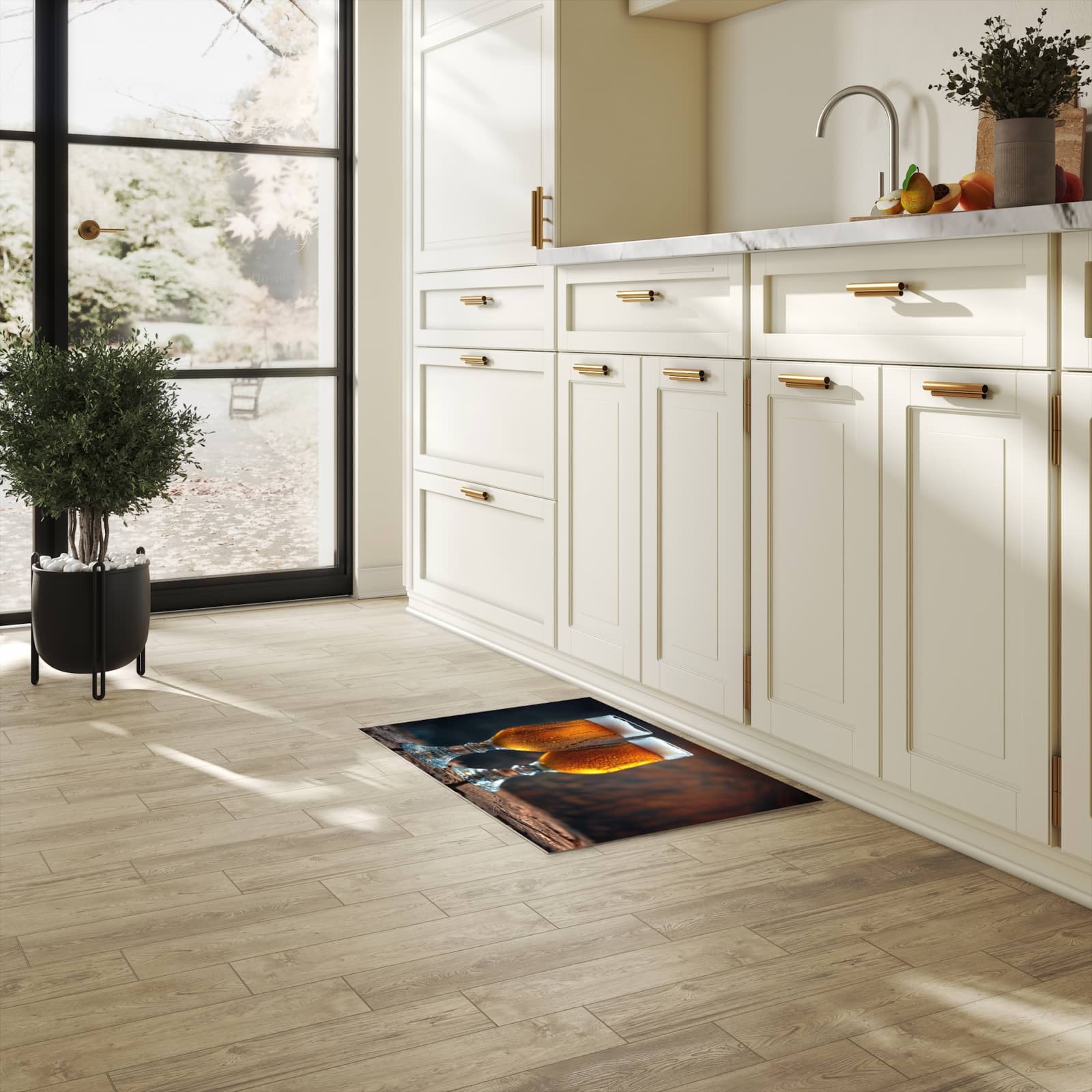 Flacher rutschfester Küchenläufer mit Motiv Zwei Biergläser Holz in heller Küche