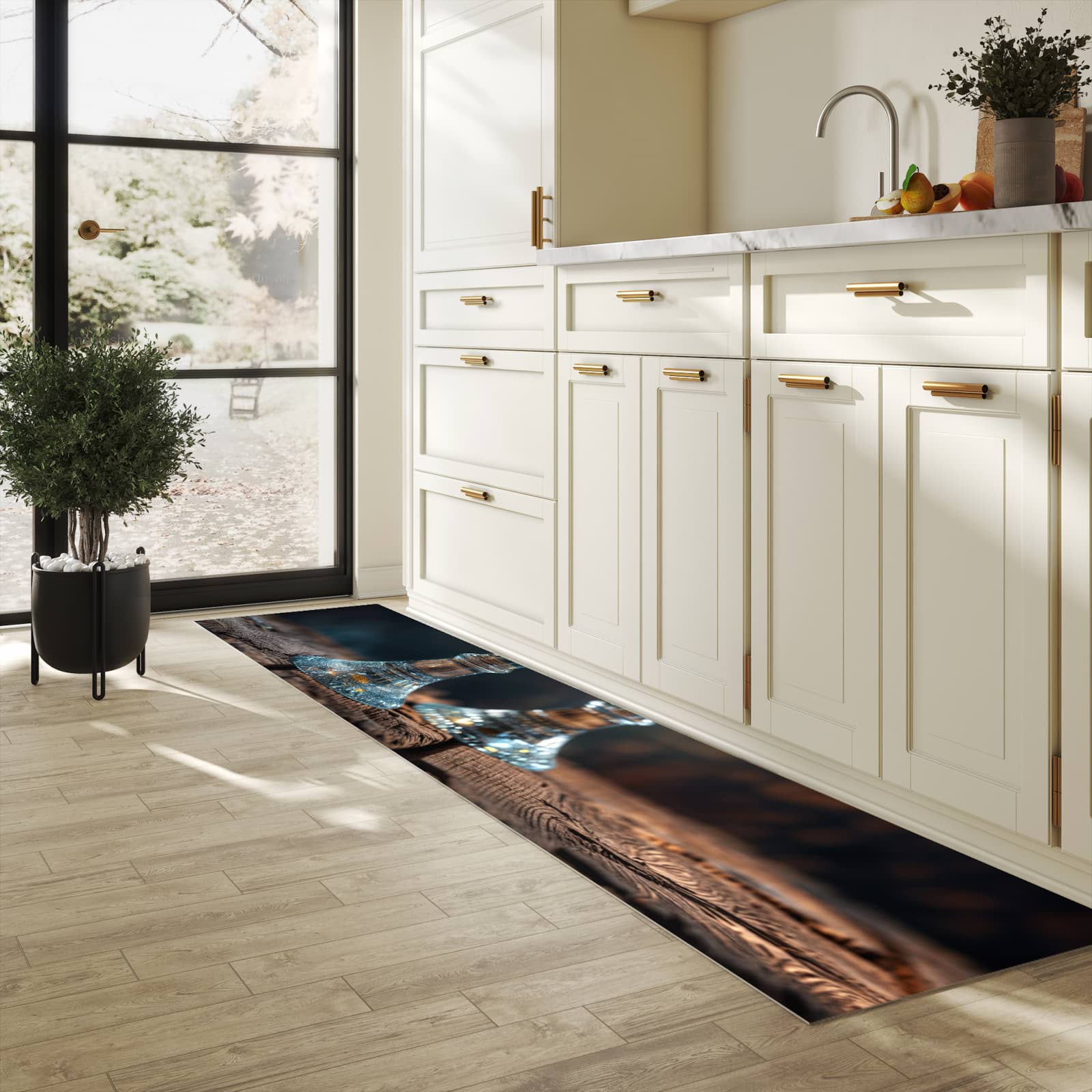 Langlebiger waschbarer Küchenläufer mit Motiv Zwei Biergläser Holz in heller Küche