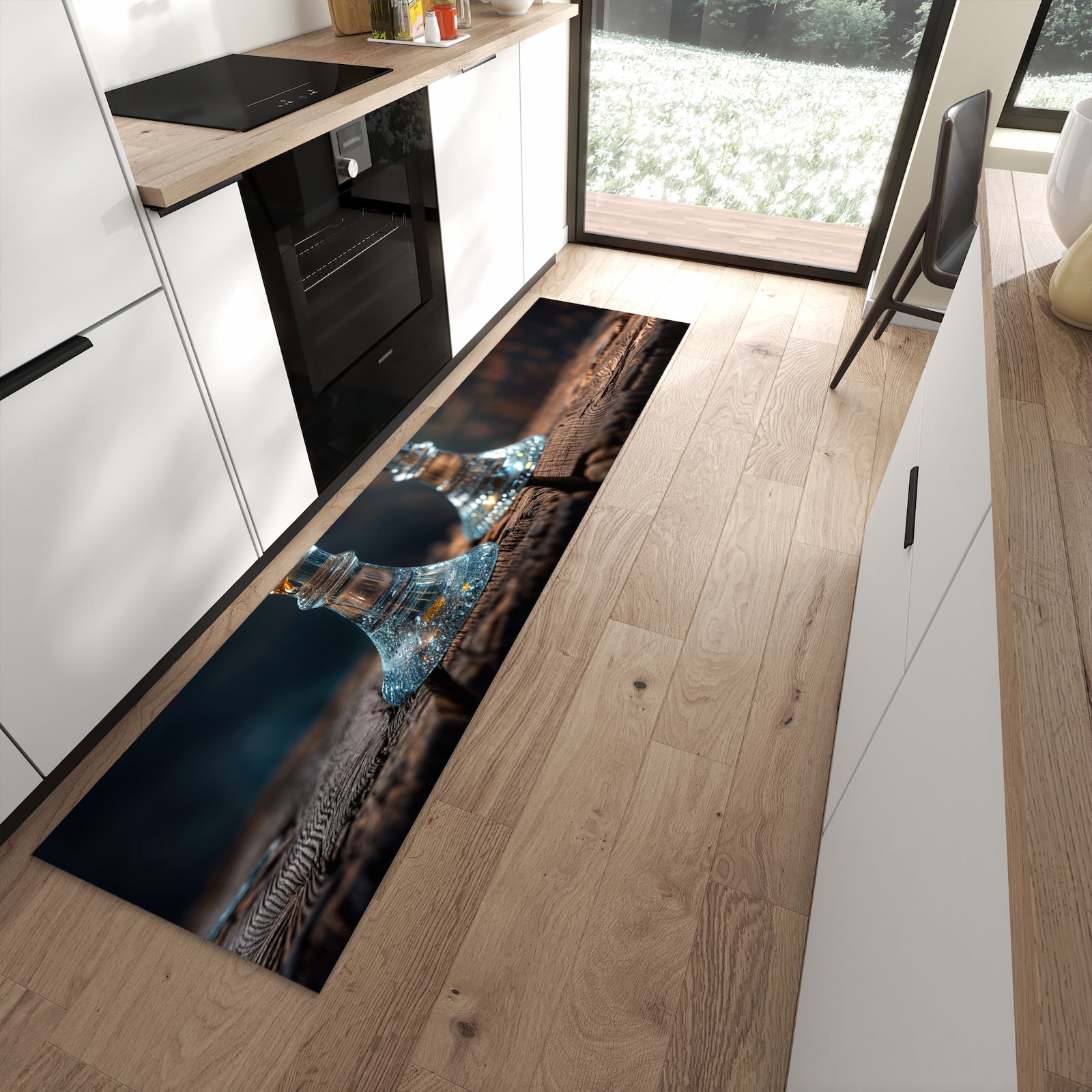 Fleckenresistenter Küchenteppich mit Motiv Zwei Biergläser Holz in moderner Küche