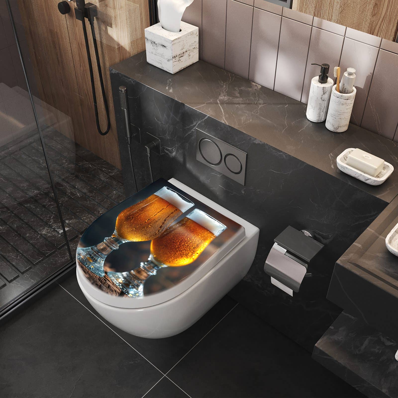 WC-Sitz mit Absenkautomatik Zwei Biergläser Holz