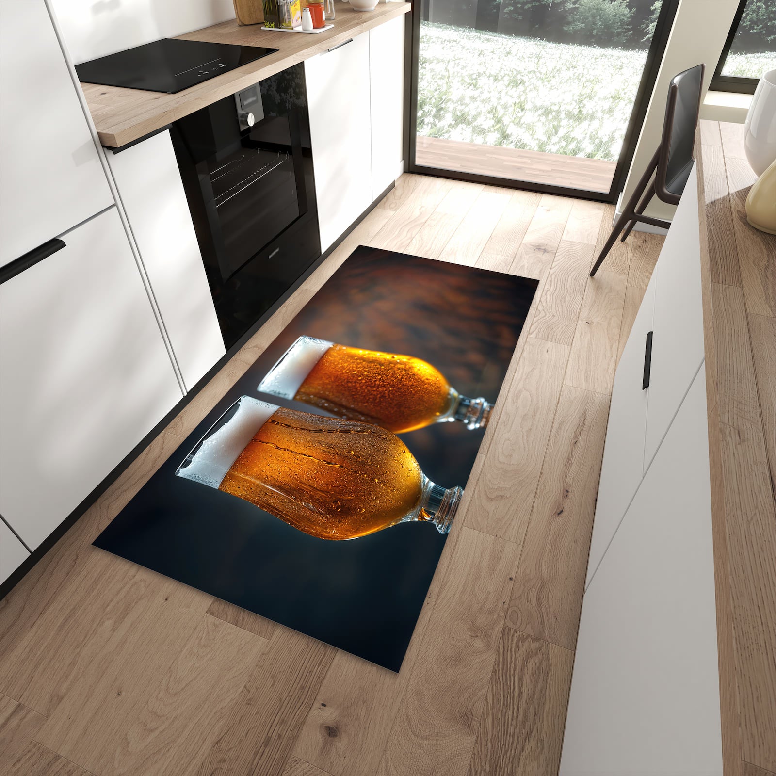Pflegeleichter Küchenläufer mit Motiv Zwei Biergläser Holz in moderner Küche