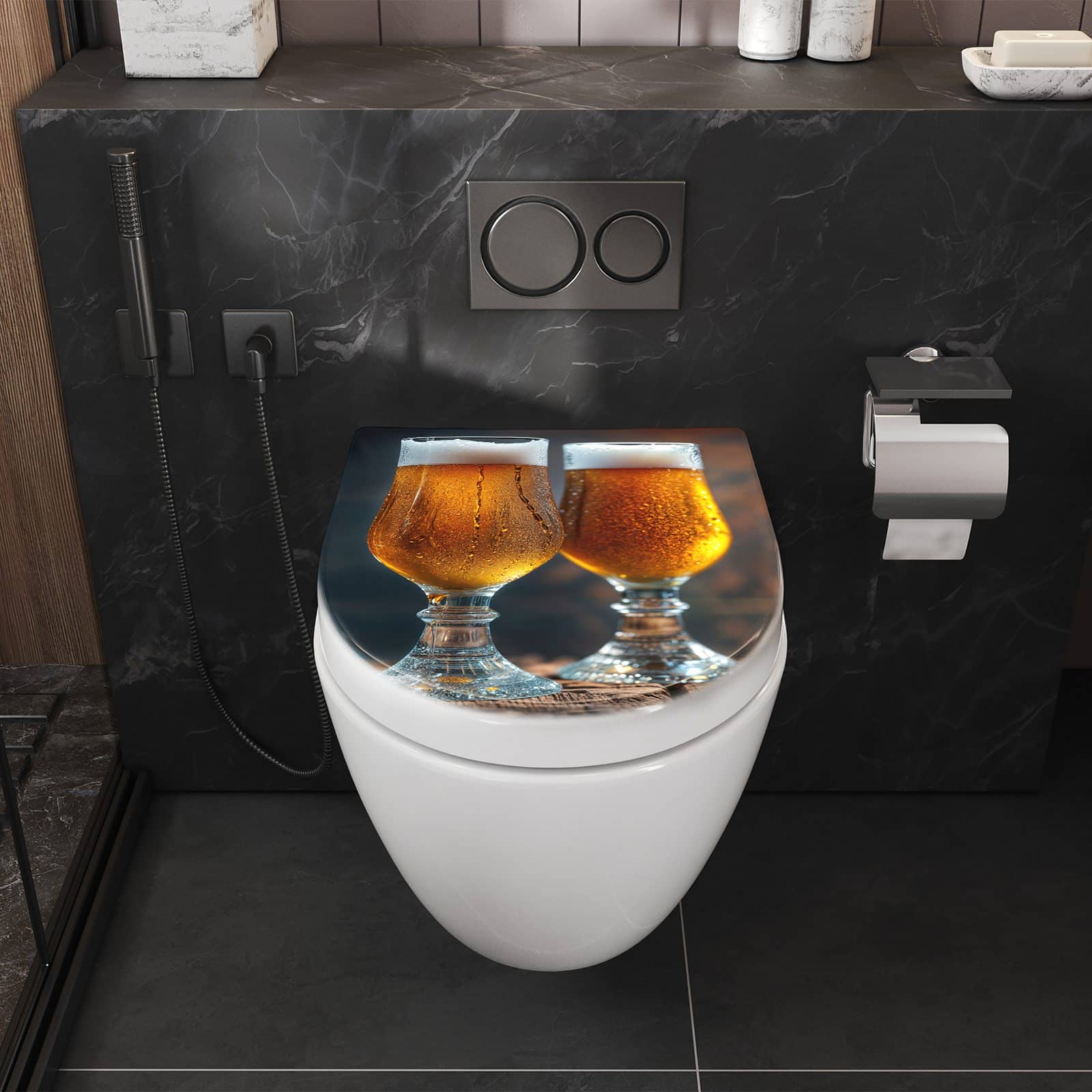 WC-Sitz mit Absenkautomatik Zwei Biergläser Holz