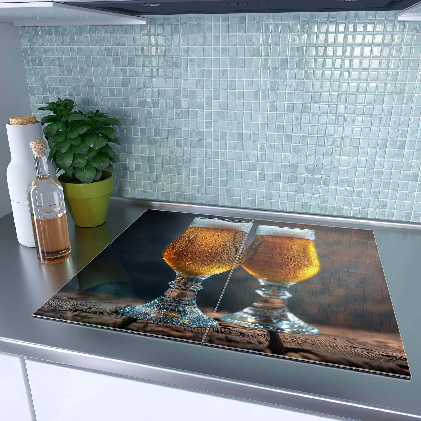 2-teilige Glasplatte für Herd mit Zwei Biergläser Holz-Motiv auf dem Ceranfeld