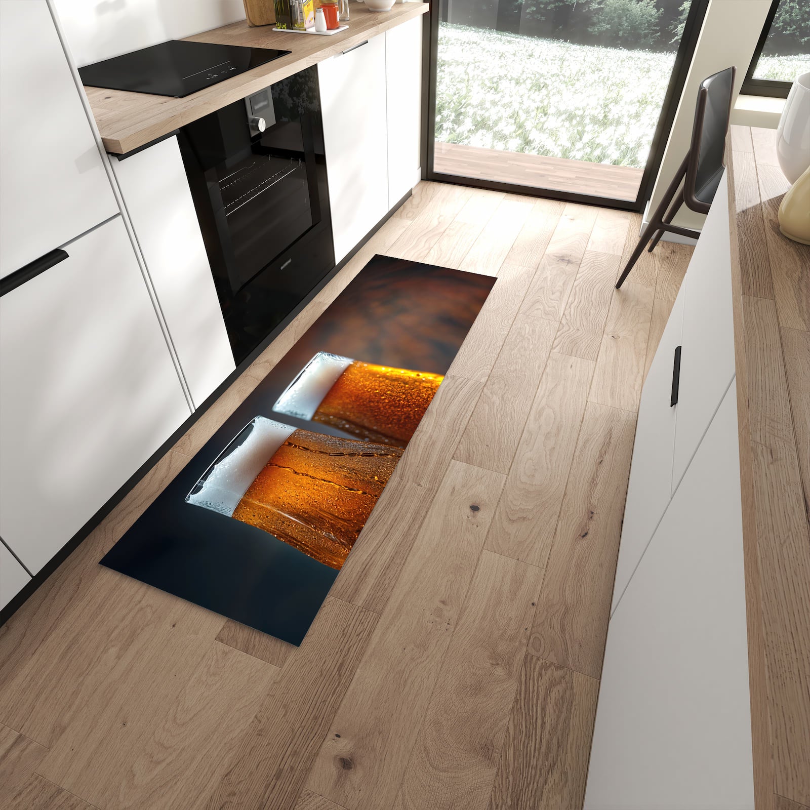 Wasserabweisender Teppich für Küche mit Motiv Zwei Biergläser Holz in moderner Küche