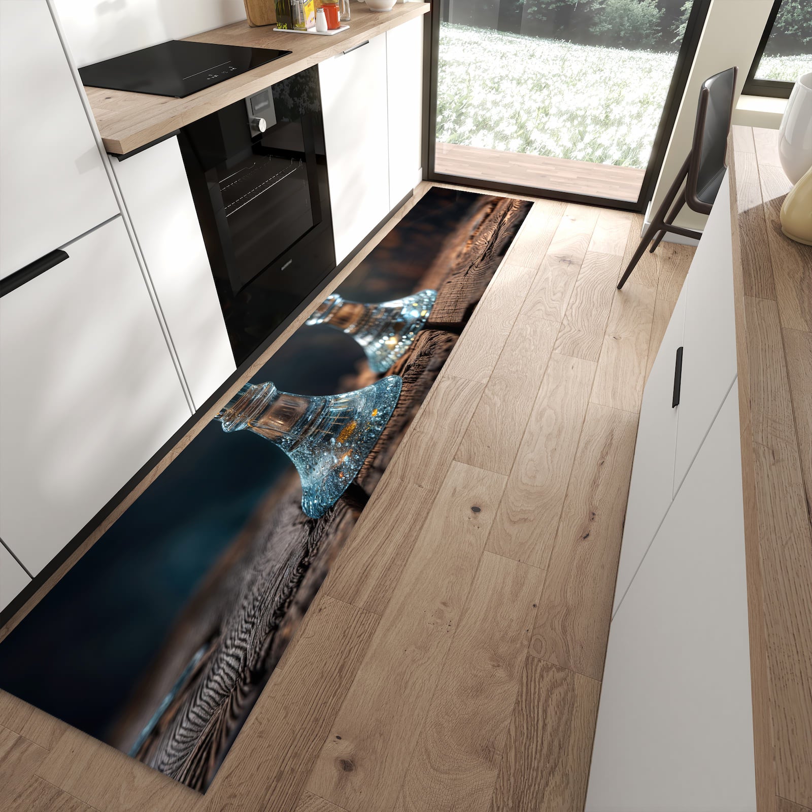 Geruchsneutraler Küchenteppich mit Motiv Zwei Biergläser Holz in moderner Küche