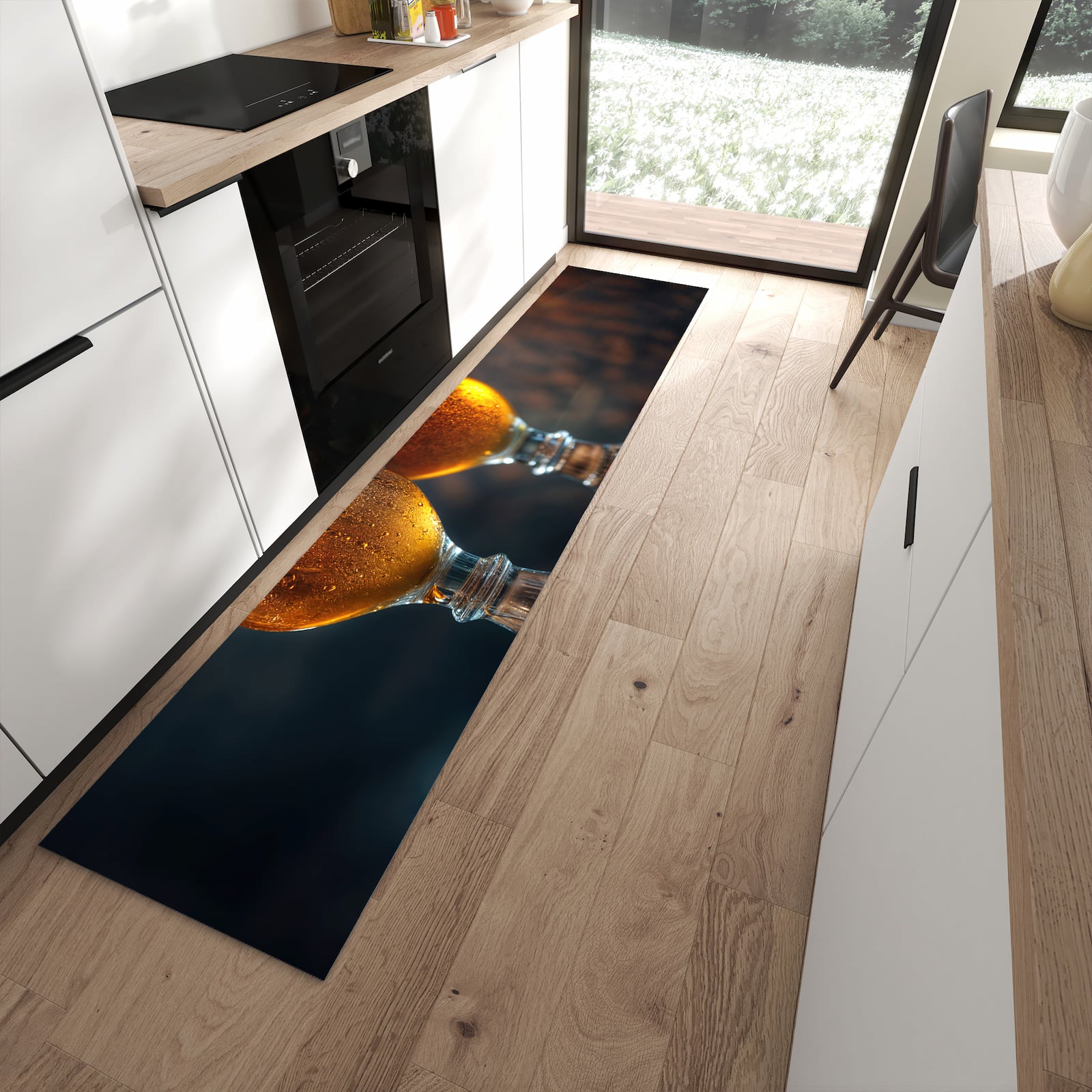 Schmutzabweisender Teppich für die Küche mit Motiv Zwei Biergläser Holz in moderner Küche