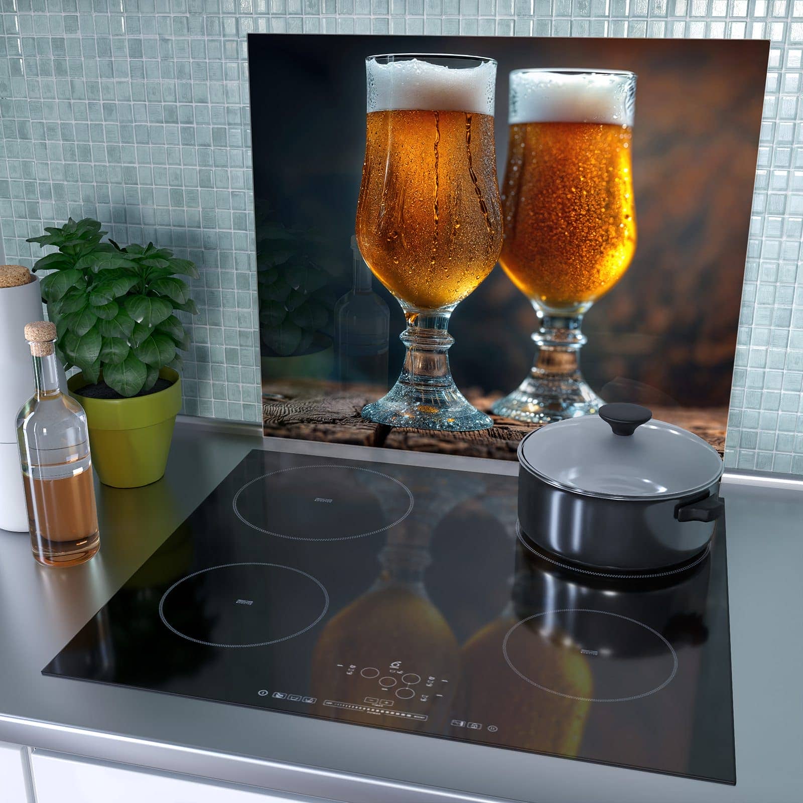 1-teilige Abdeckplatten für Herd mit Zwei Biergläser Holz-Motiv als Spritzschutz hinter dem Kochfeld