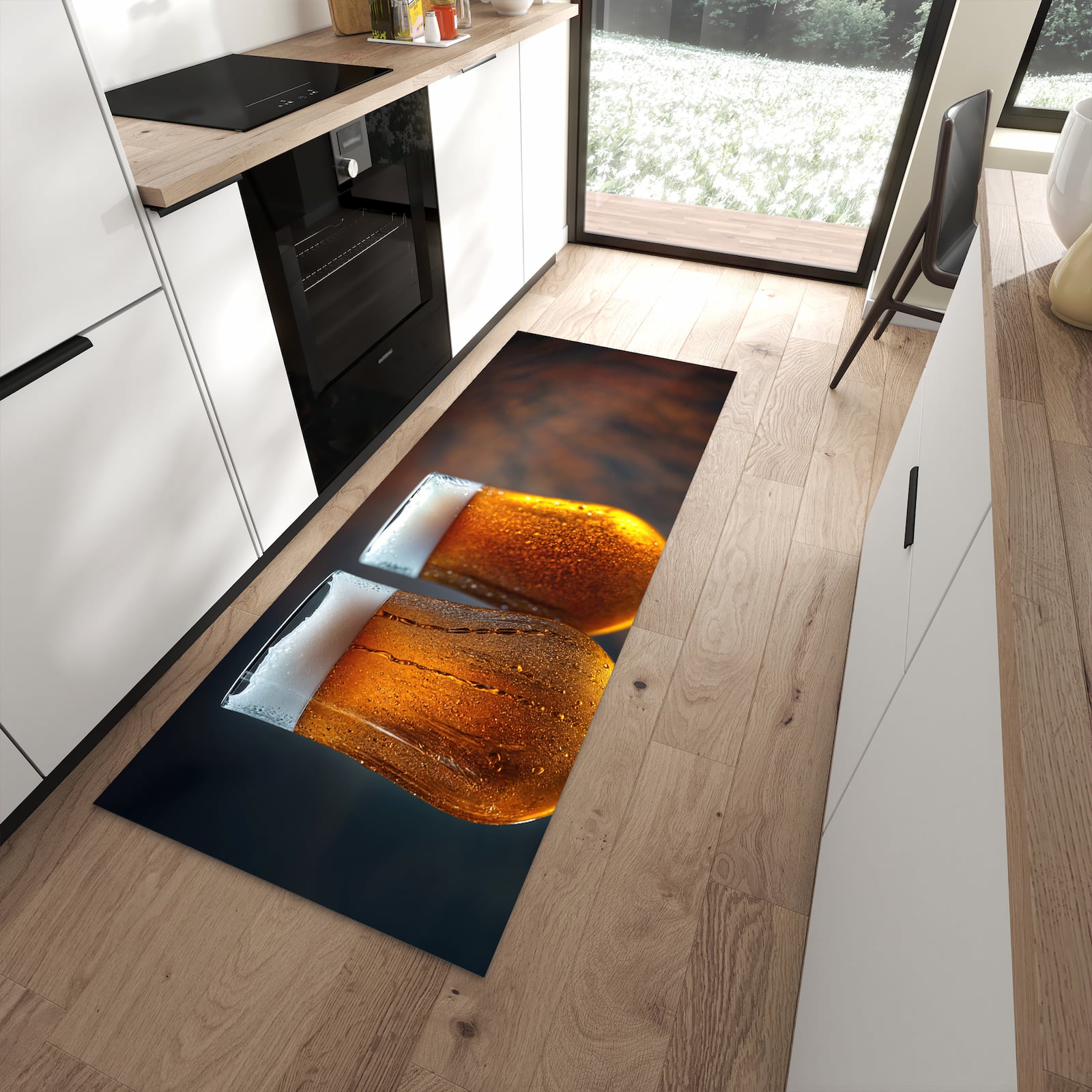 Flacher Küchenteppich mit Motiv Zwei Biergläser Holz in moderner Küche