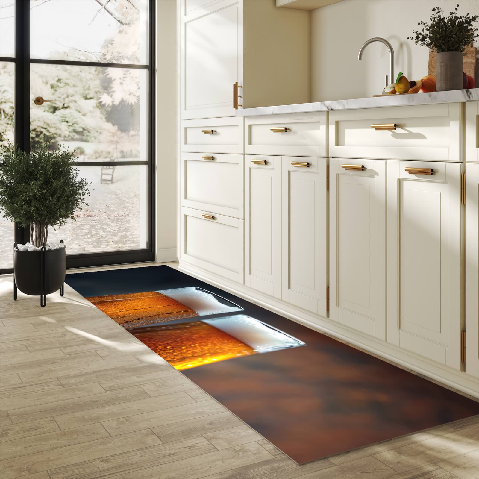 Pflegeleichter moderner Küchenläufer mit Motiv Zwei Biergläser Holz in heller Küche