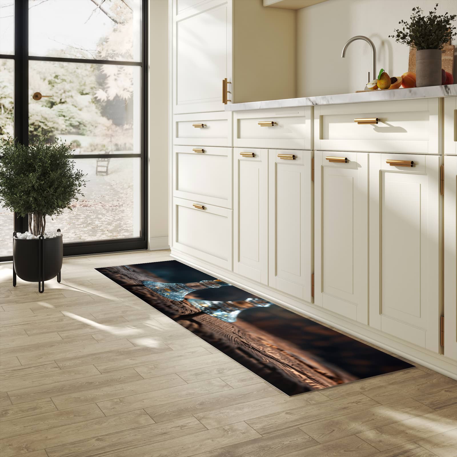 Schmutzabweisender rutschfester Küchenläufer mit Motiv Zwei Biergläser Holz in heller Küche