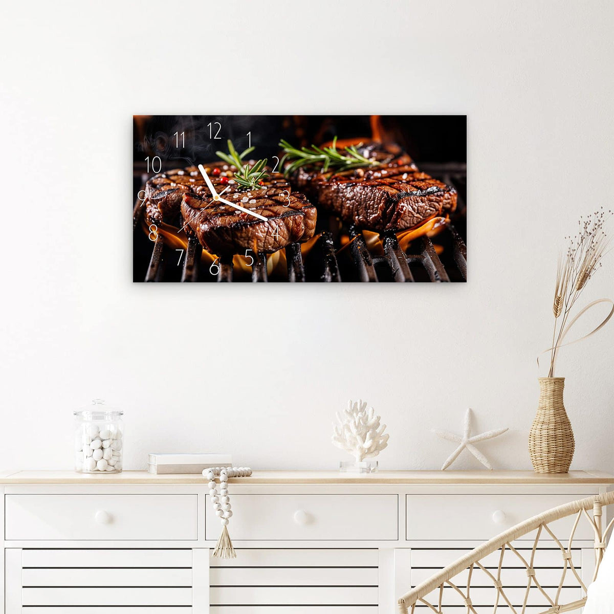 Wanduhr Gegrillte Steaks aus Glas – Querformat 60 × 30 cm – Gegrillte Steaks mit Rosmarin