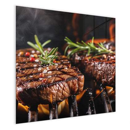 Magnettafel mit dem Motiv Steaks über Flammen
