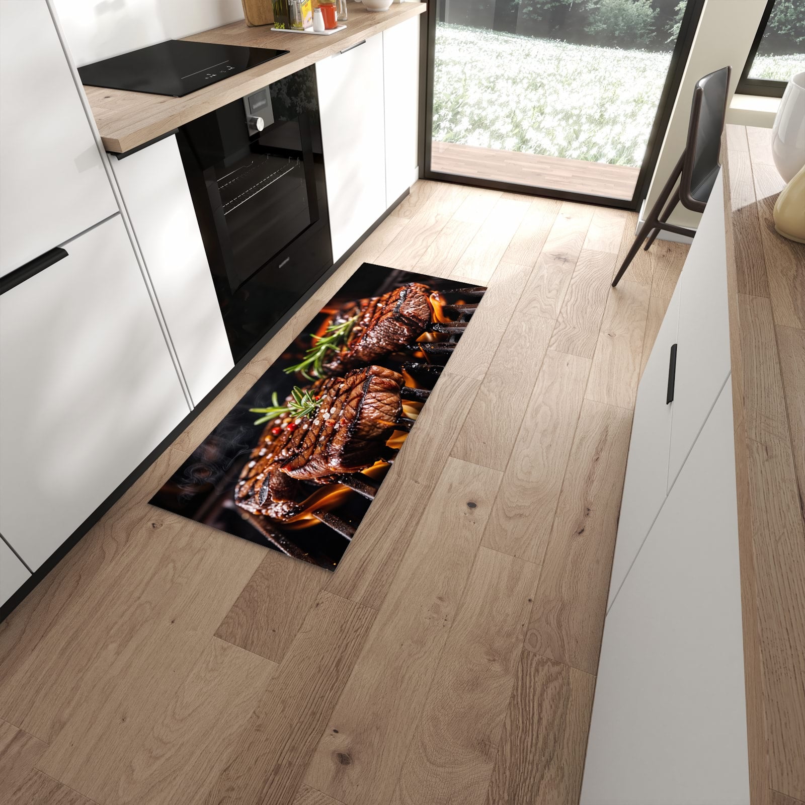 Langlebiger Küchenläufer mit Motiv Gegrillte Steaks in moderner Küche #grösse_60 x 150 cm