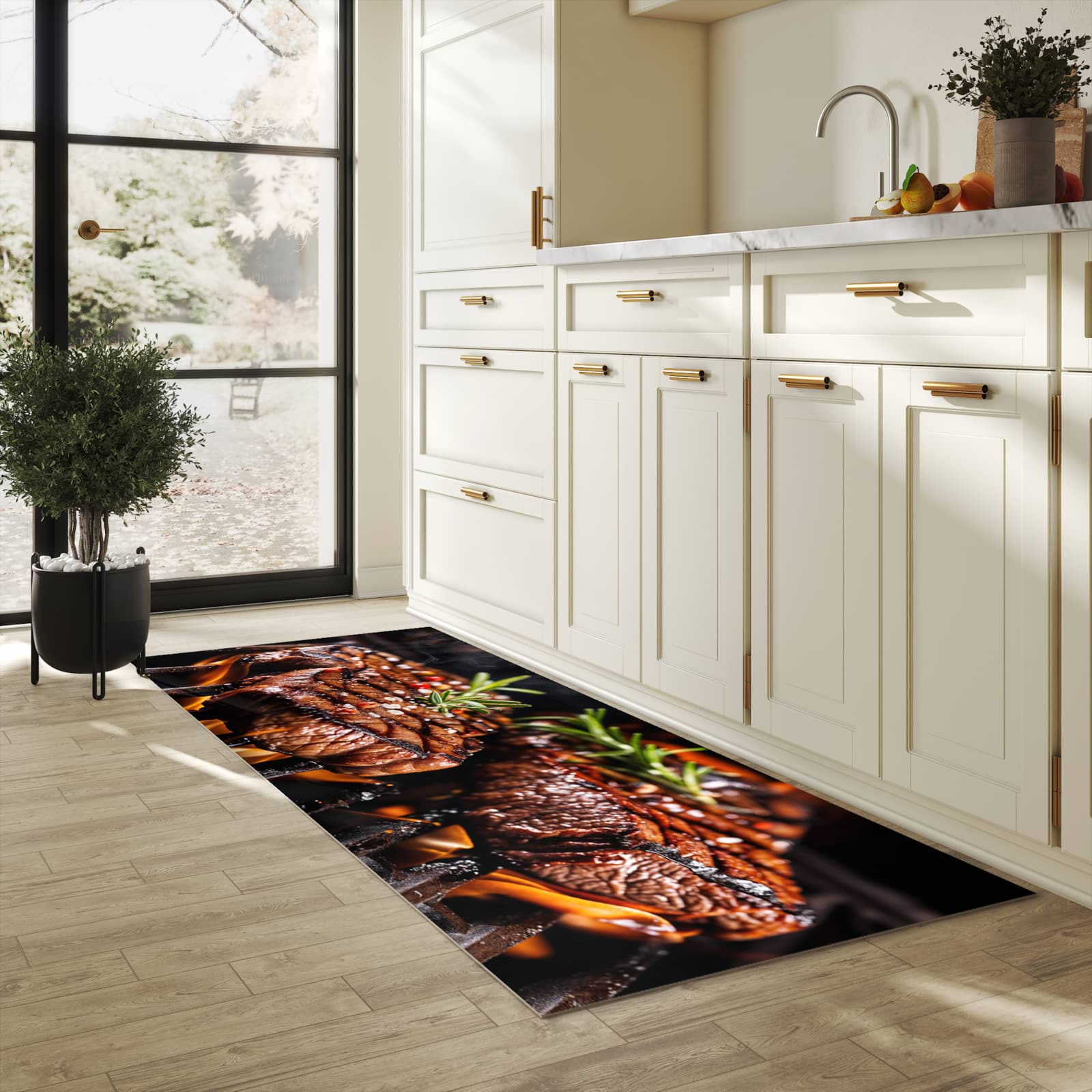 UV-beständiger Küchenläufer mit Motiv Gegrillte Steaks in heller Küche