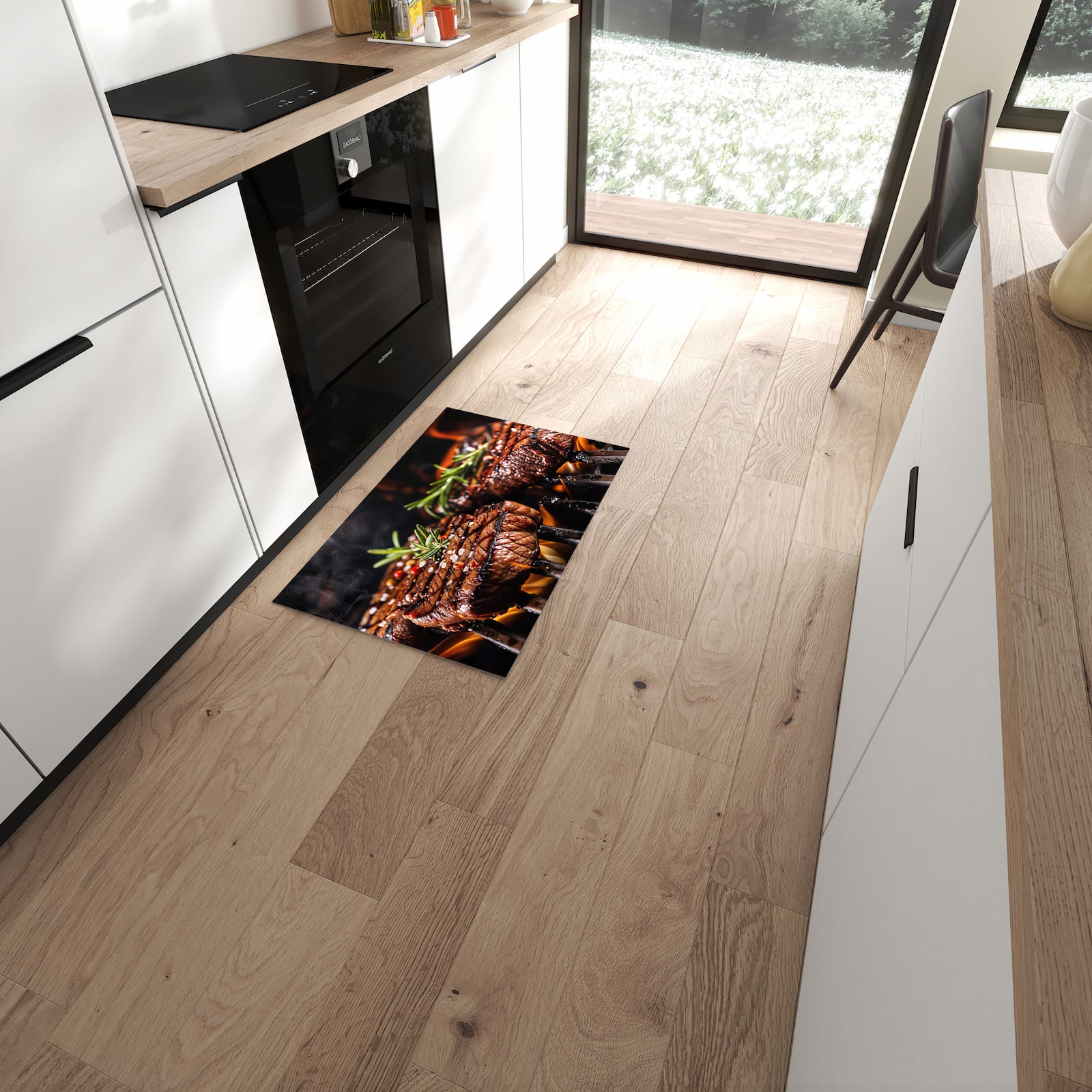 Bodenschonender rutschfester Küchenläufer mit Motiv Gegrillte Steaks in moderner Küche