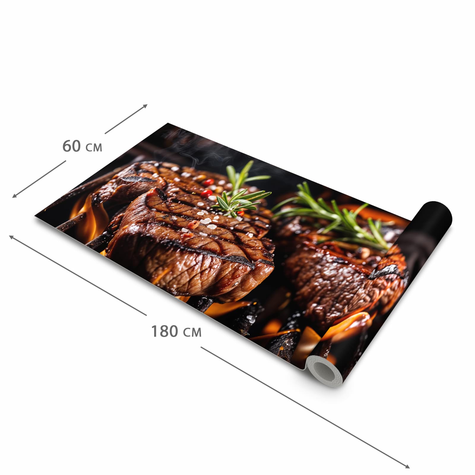 Farbbeständiger Küchenteppich mit Motiv Gegrillte Steaks in der Grösse 60x300 cm
