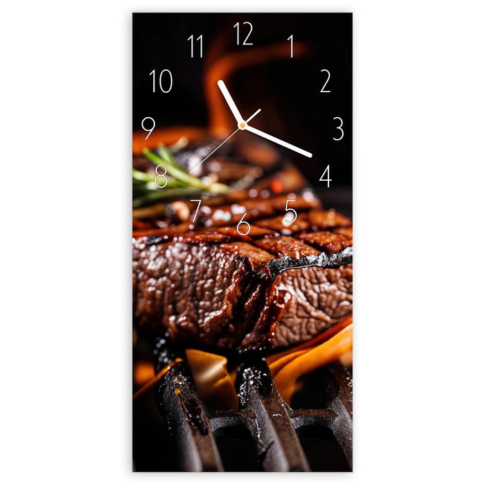 Wanduhr Gegrillte Steaks aus Glas – Hochformat 30 × 60 cm mit Ziffernblatt Elegant