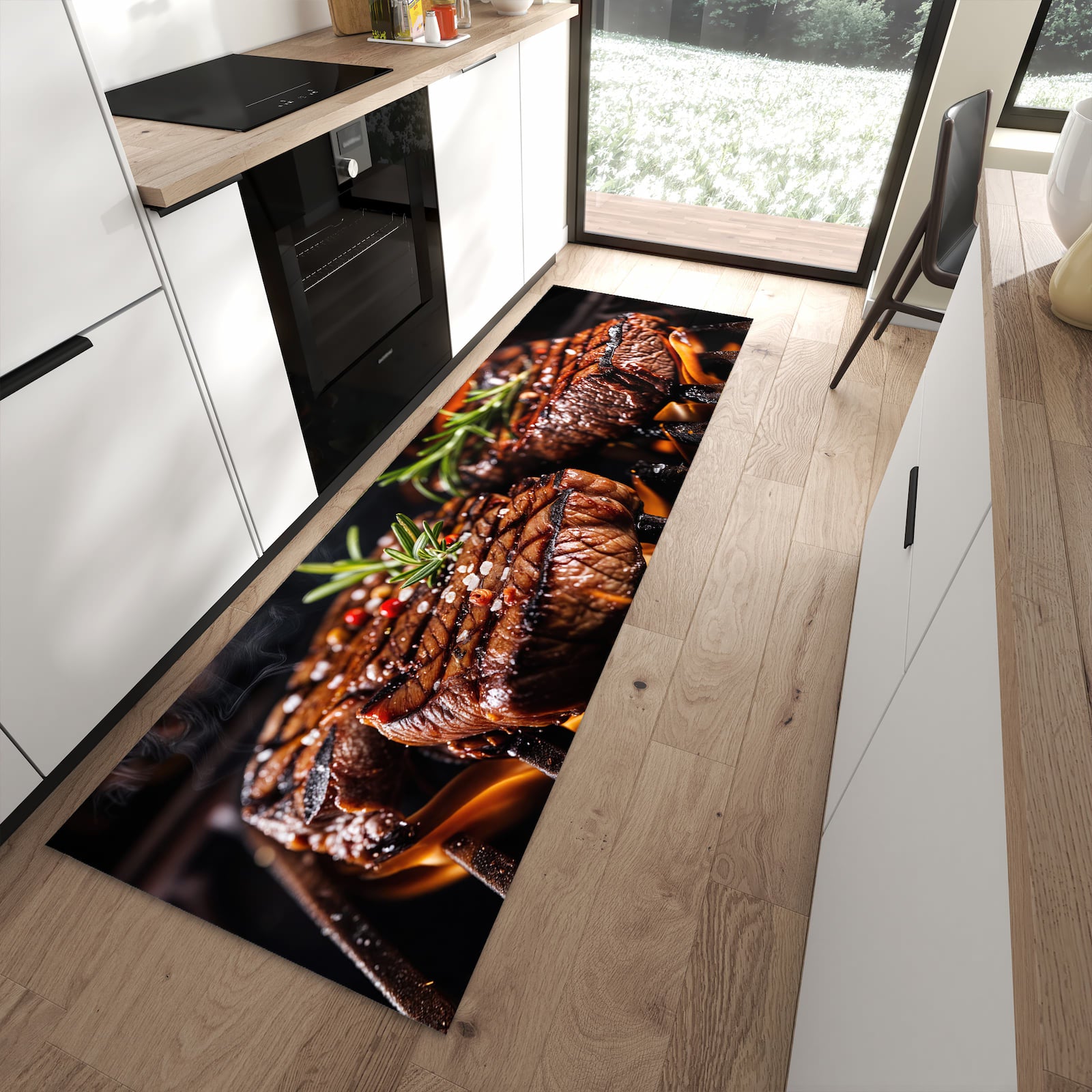 Formstabiler Küchenläufer nach Maß mit Motiv Gegrillte Steaks in moderner Küche