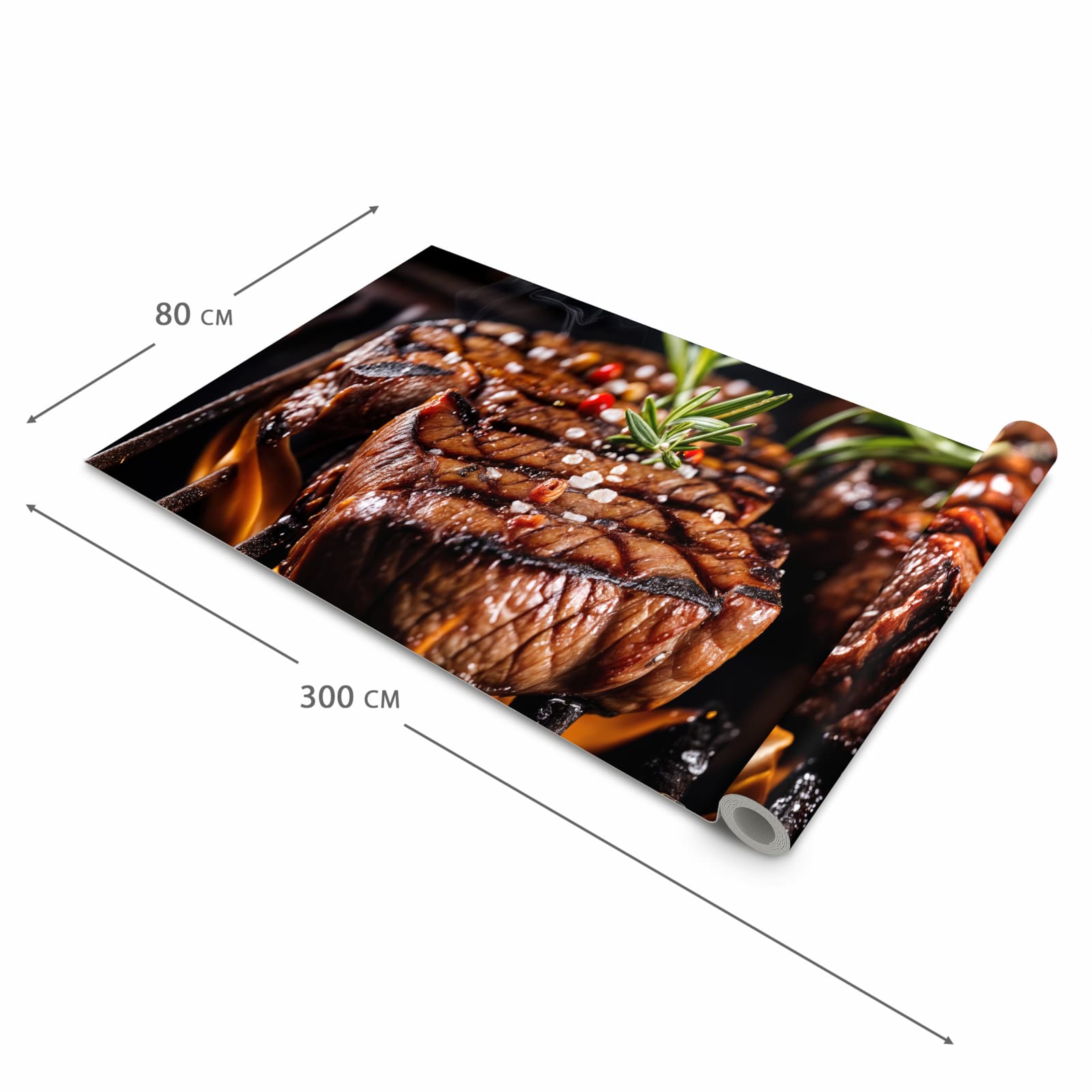 Wasserabweisender rutschfester Küchenteppich mit Motiv Gegrillte Steaks in der Grösse 60x300 cm