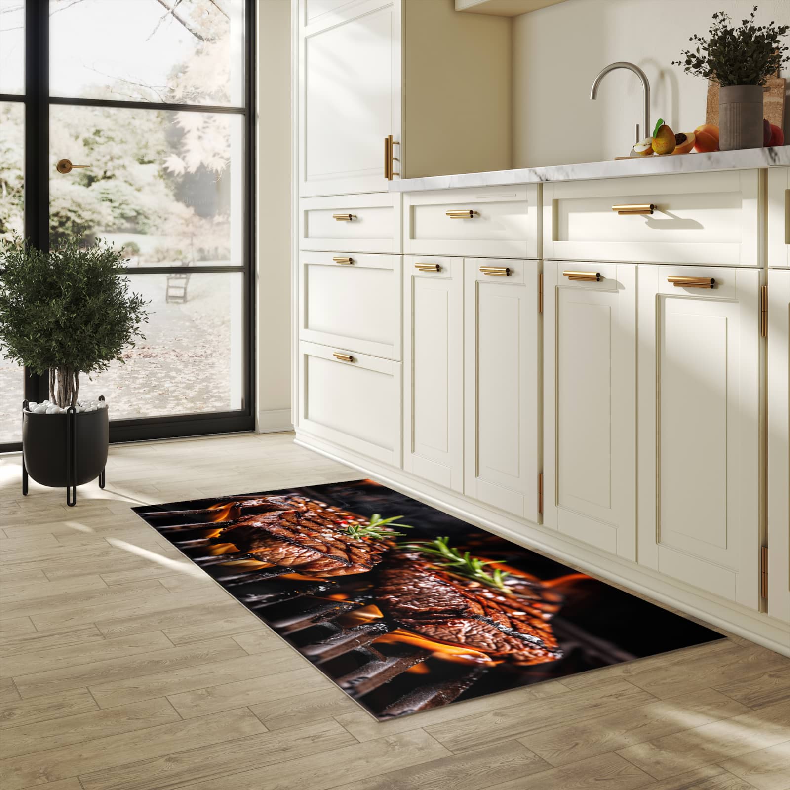 Abriebfester Küchenteppich mit Motiv Gegrillte Steaks in heller Küche