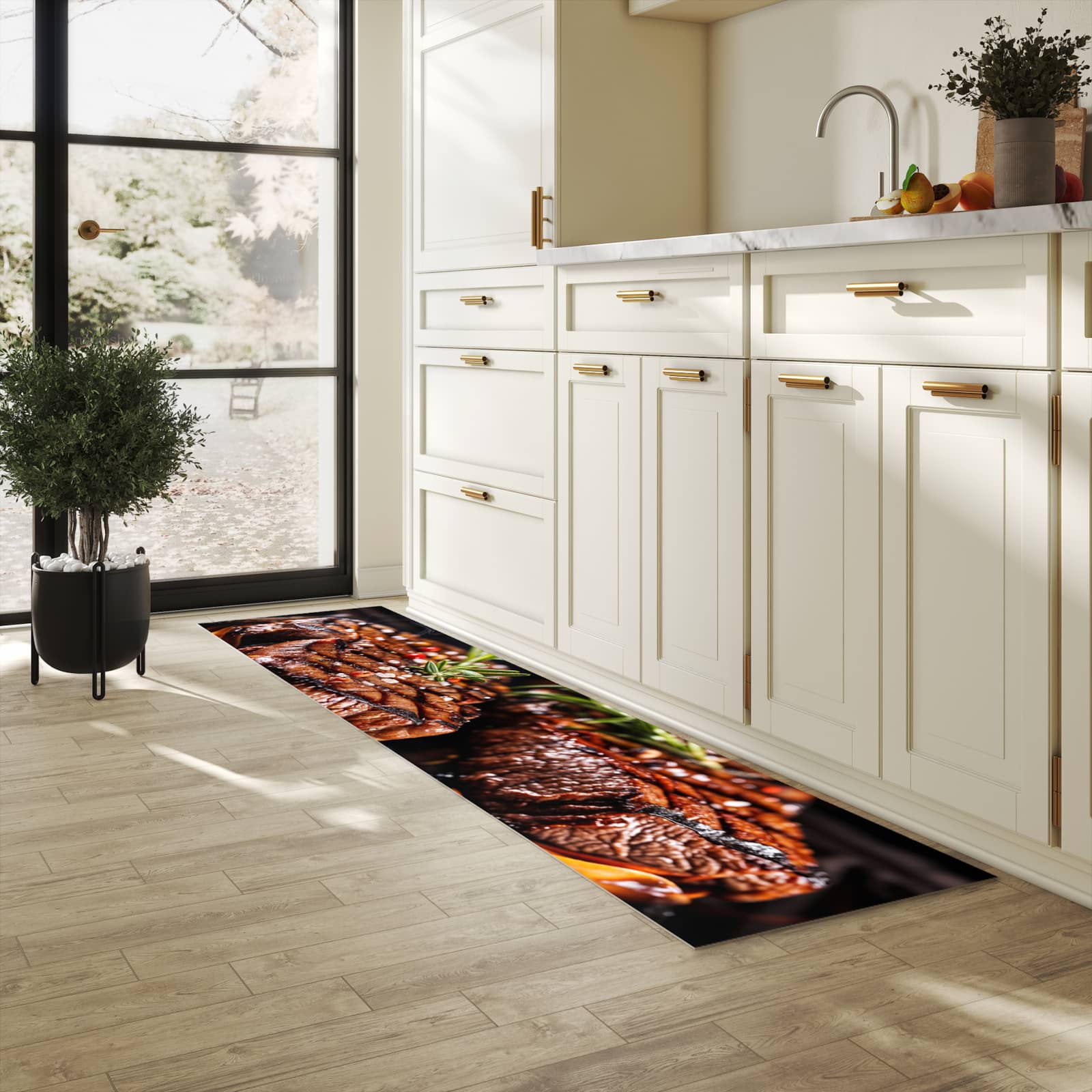 Küchenteppich mit Motiv Gegrillte Steaks für Ordnung & Übersicht in heller Küche