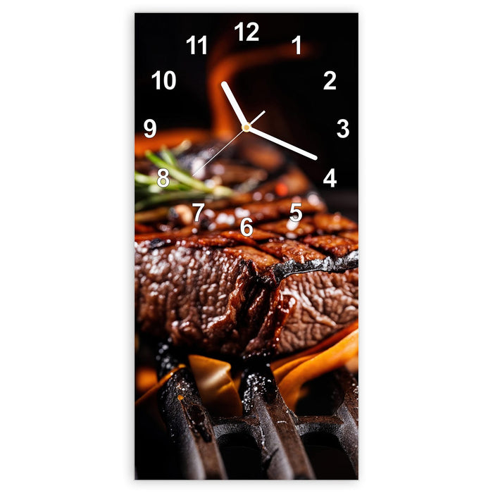 Wanduhr Gegrillte Steaks aus Glas – Hochformat 30 × 60 cm mit Ziffernblatt Modern