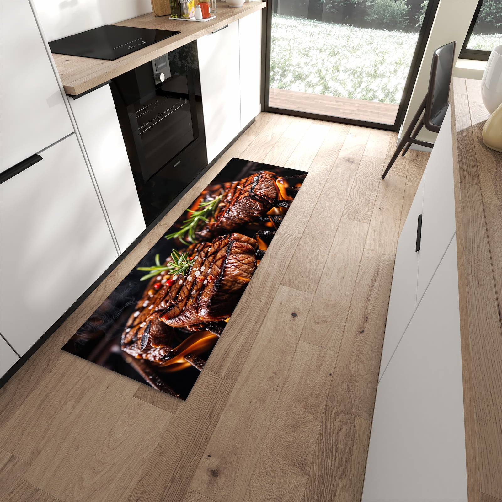 Rutschfester Küchenläufer mit Motiv Gegrillte Steaks in moderner Küche