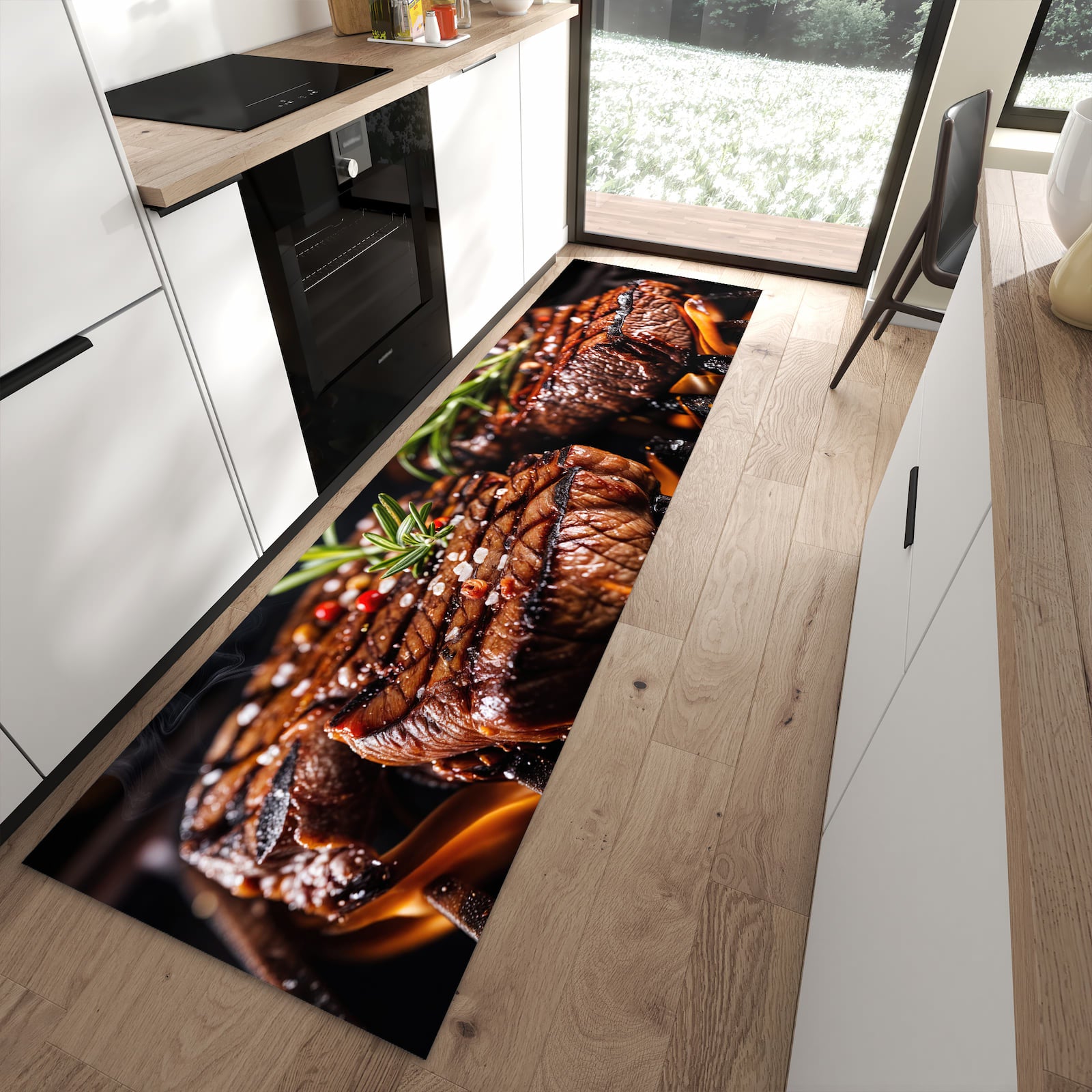 Waschbarer Küchenläufer mit Motiv Gegrillte Steaks in moderner Küche für sichere Aufbewahrung