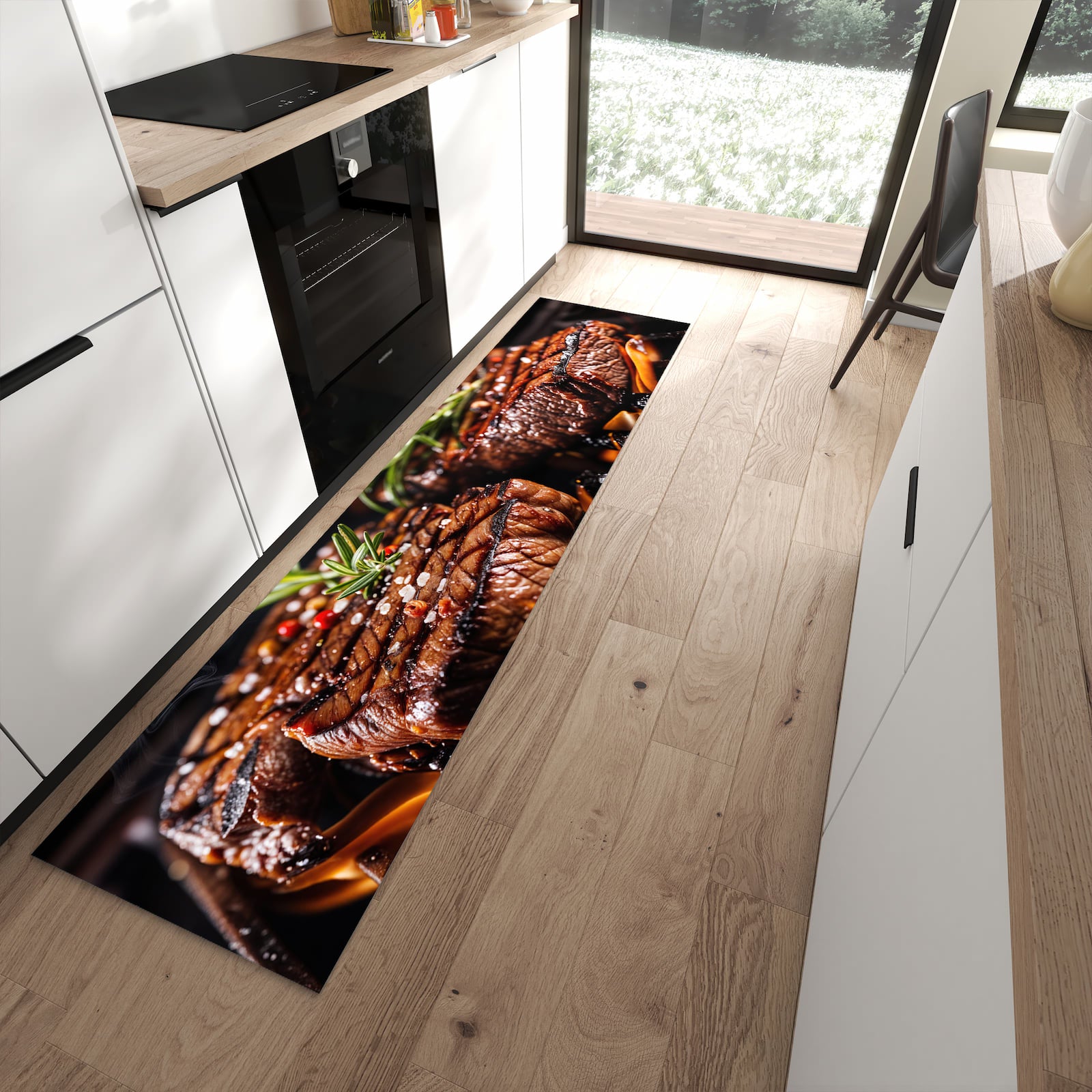 Feuchtigkeitsresistenter rutschfester Küchenläufer mit Motiv Gegrillte Steaks in moderner Küche