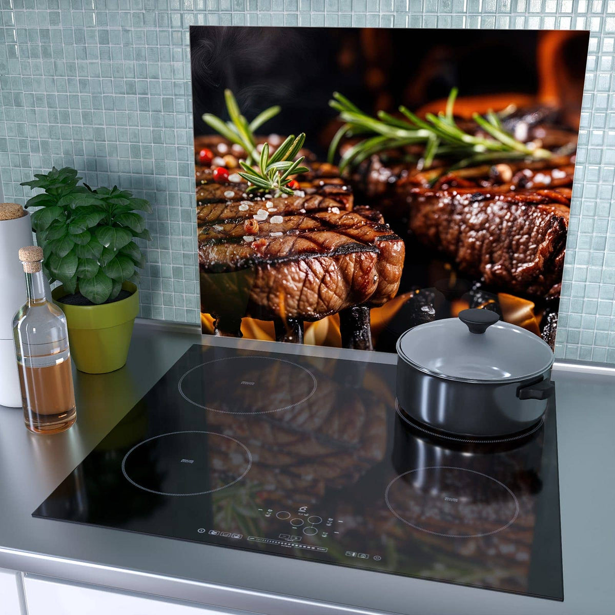 1-teilige Herdabdeckplatten mit Gegrillte Steaks-Motiv als Spritzschutz hinter dem Kochfeld
