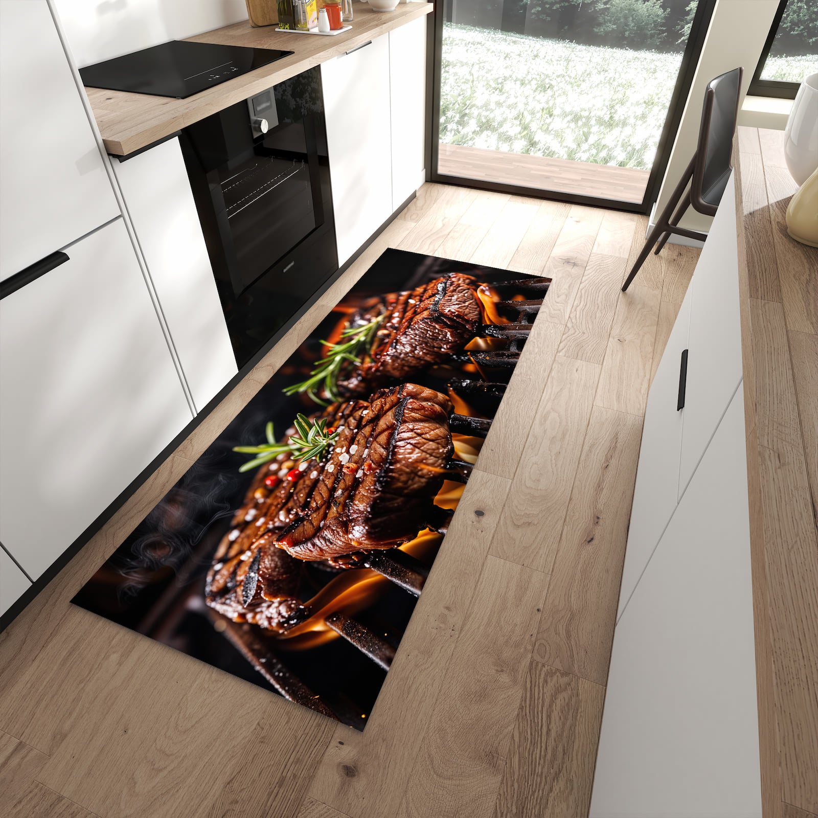 Farbbeständiger Küchenläufer mit Motiv Gegrillte Steaks in moderner Küche