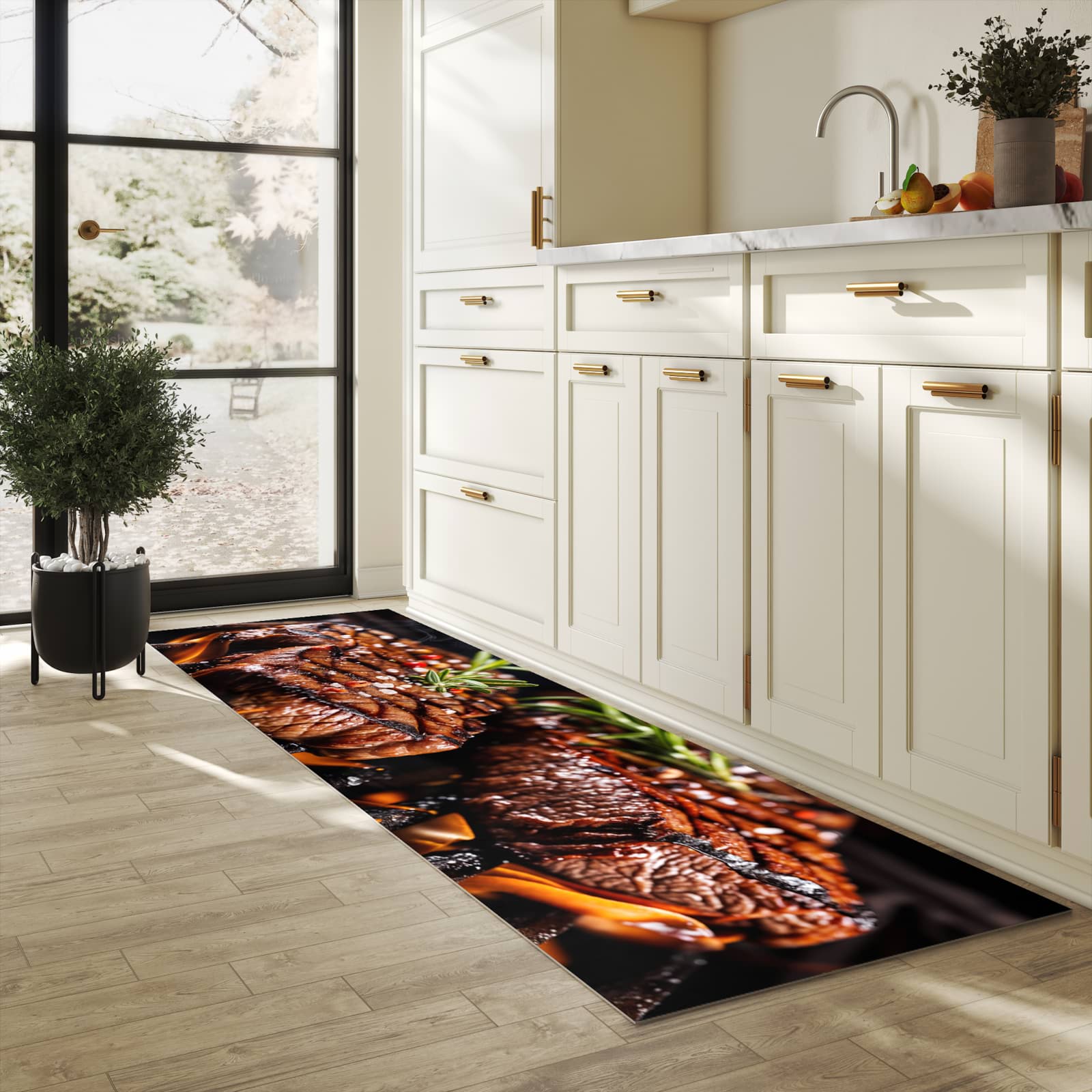 Zeitsparender großer Küchenteppich mit Motiv Gegrillte Steaks in heller Küche