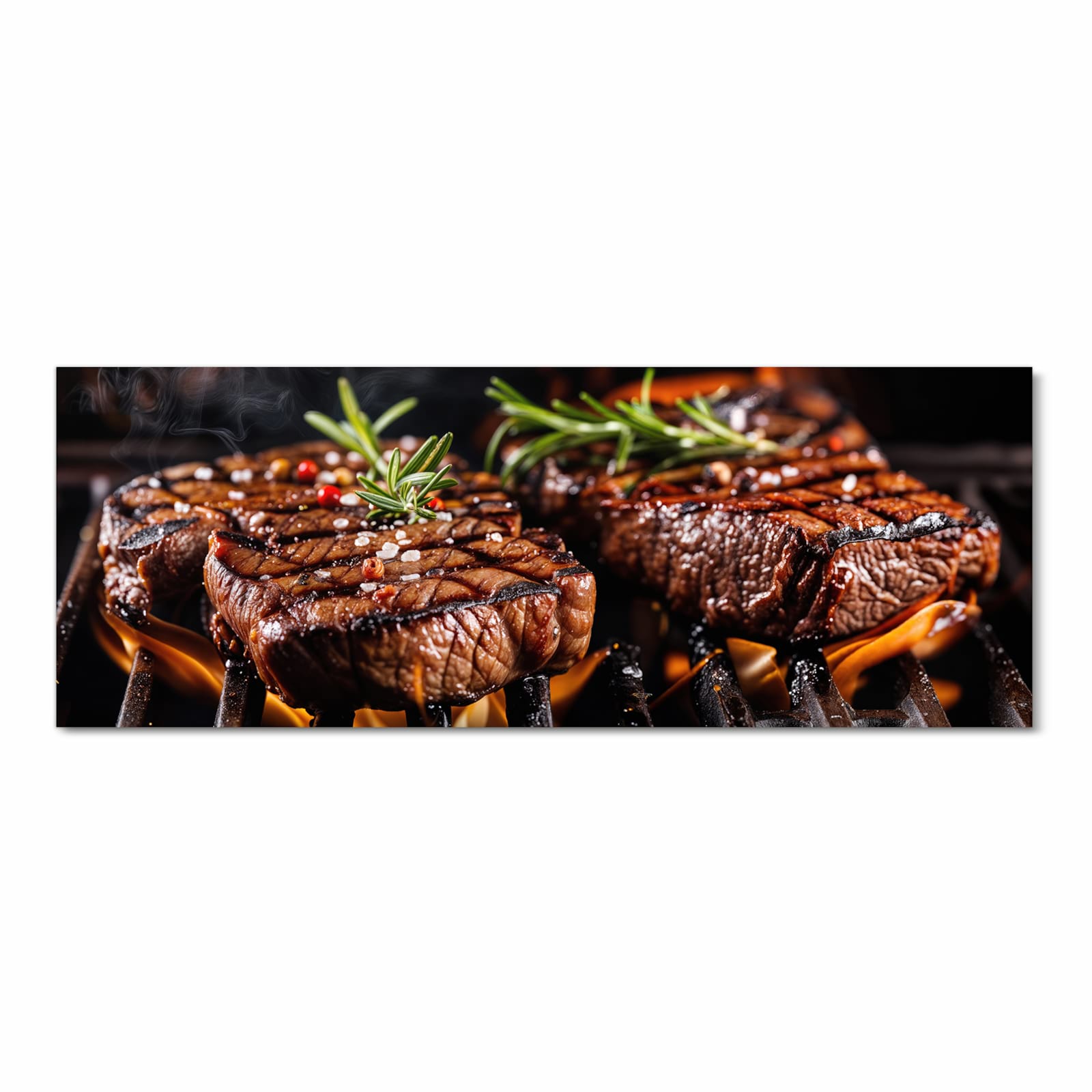 Strapazierfähiger moderner Küchenläufer mit Motiv Gegrillte Steaks in Frontansicht