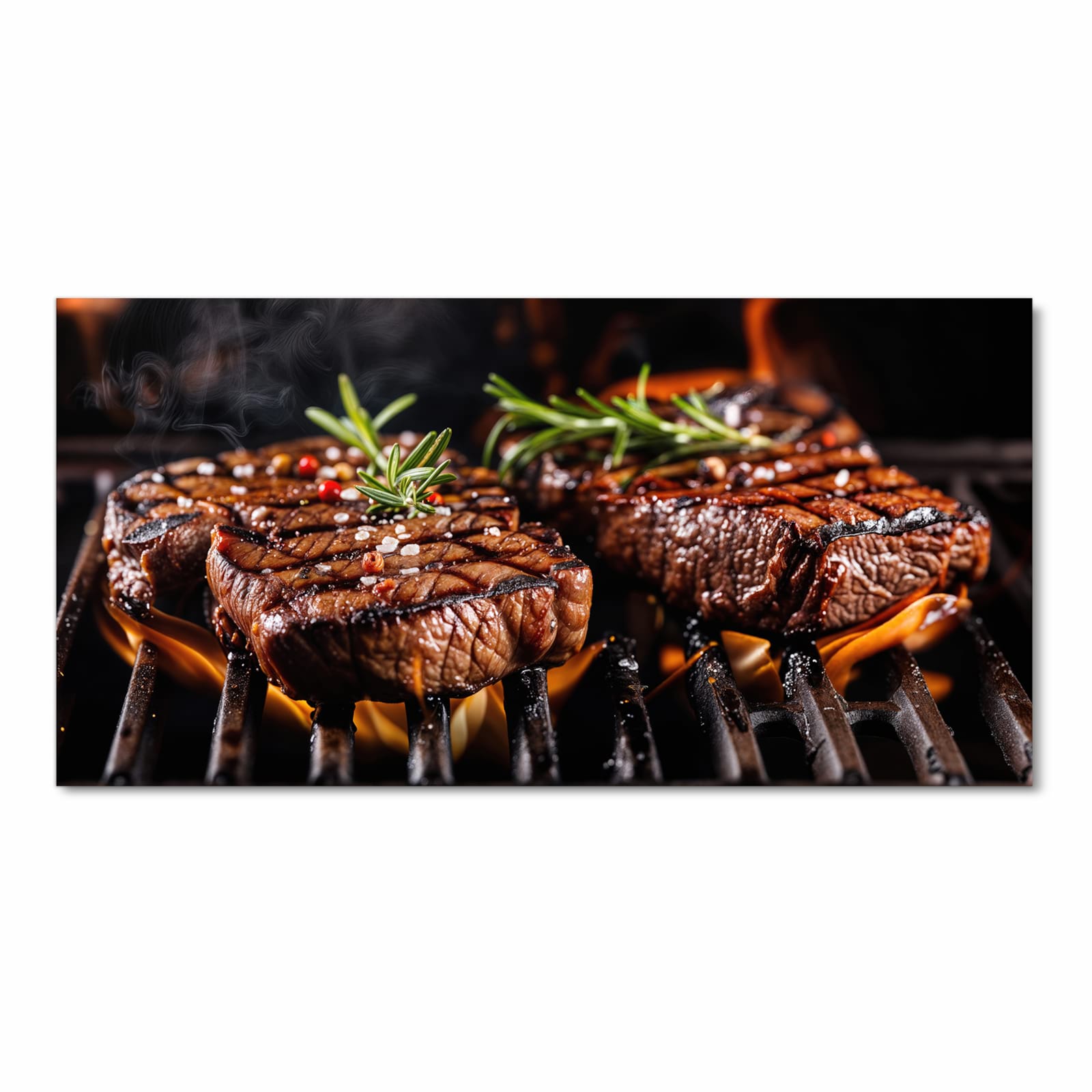 Schmutzabweisender rutschfester Küchenteppich mit Motiv Gegrillte Steaks in Frontansicht