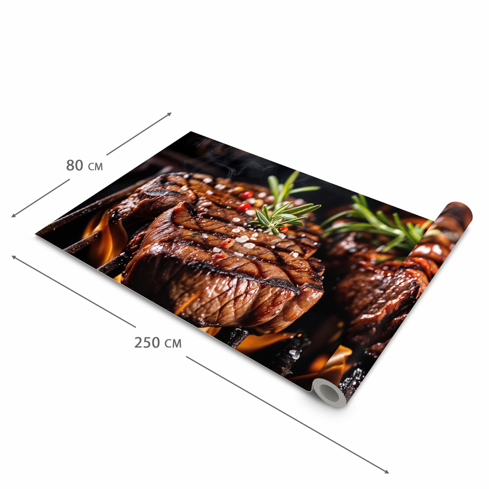 UV-beständiger waschbarer Küchenteppich mit Motiv Gegrillte Steaks in der Größe 60x300 cm