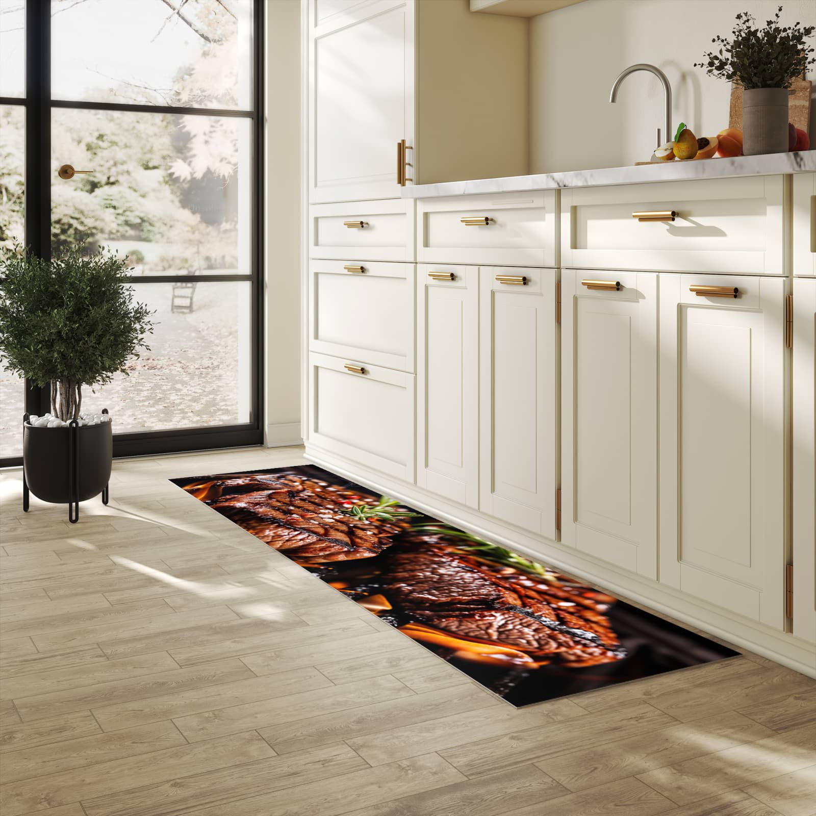 Bodenschonender Küchenteppich mit Motiv Gegrillte Steaks in heller Küche