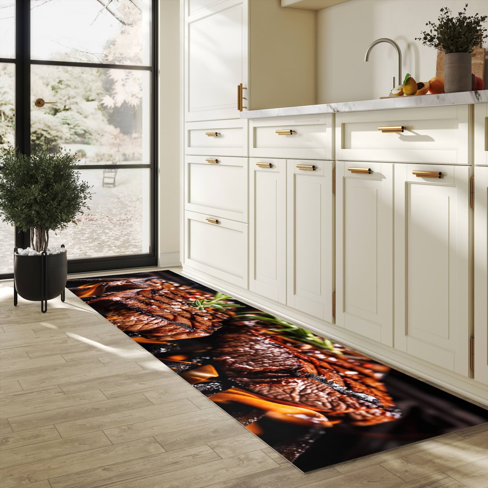 Geräuschdämpfender rutschfester Küchenteppich mit Motiv Gegrillte Steaks in heller Küche