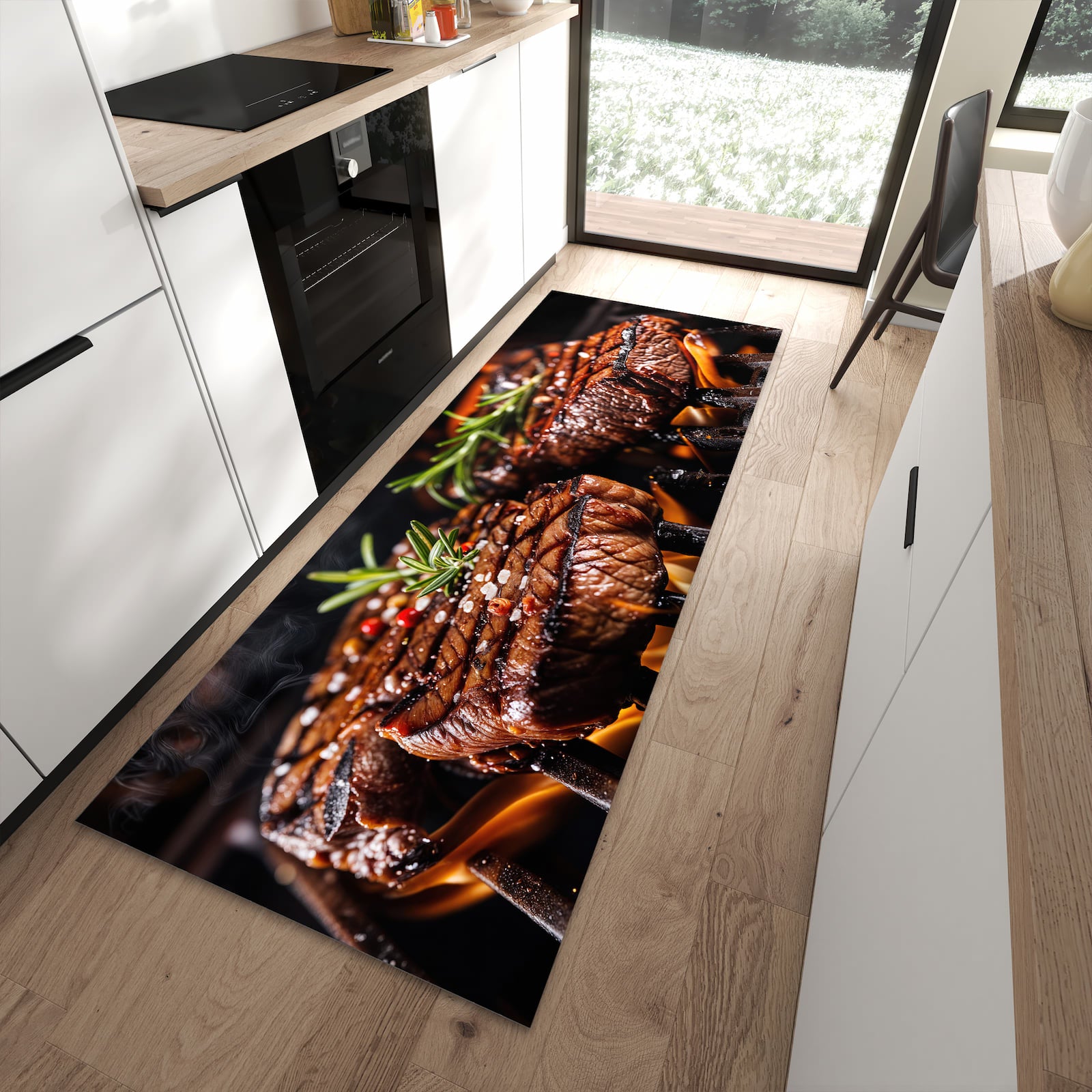 Abriebfester Küchenteppich mit Motiv Gegrillte Steaks in moderner Küche