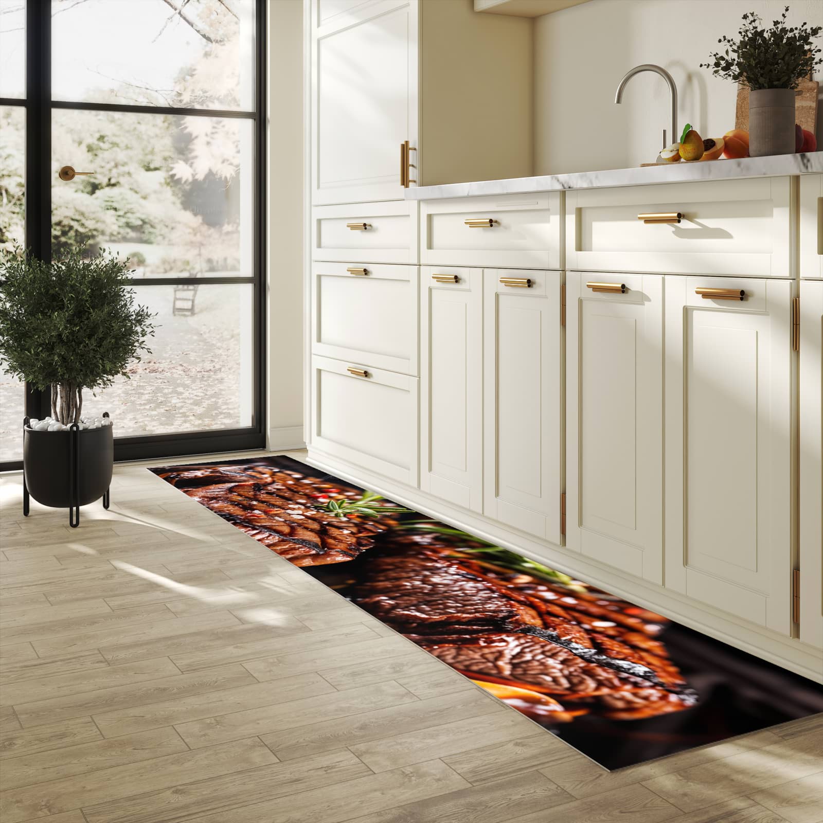 Bodenschonender rutschfester Küchenteppich mit Motiv Gegrillte Steaks in heller Küche