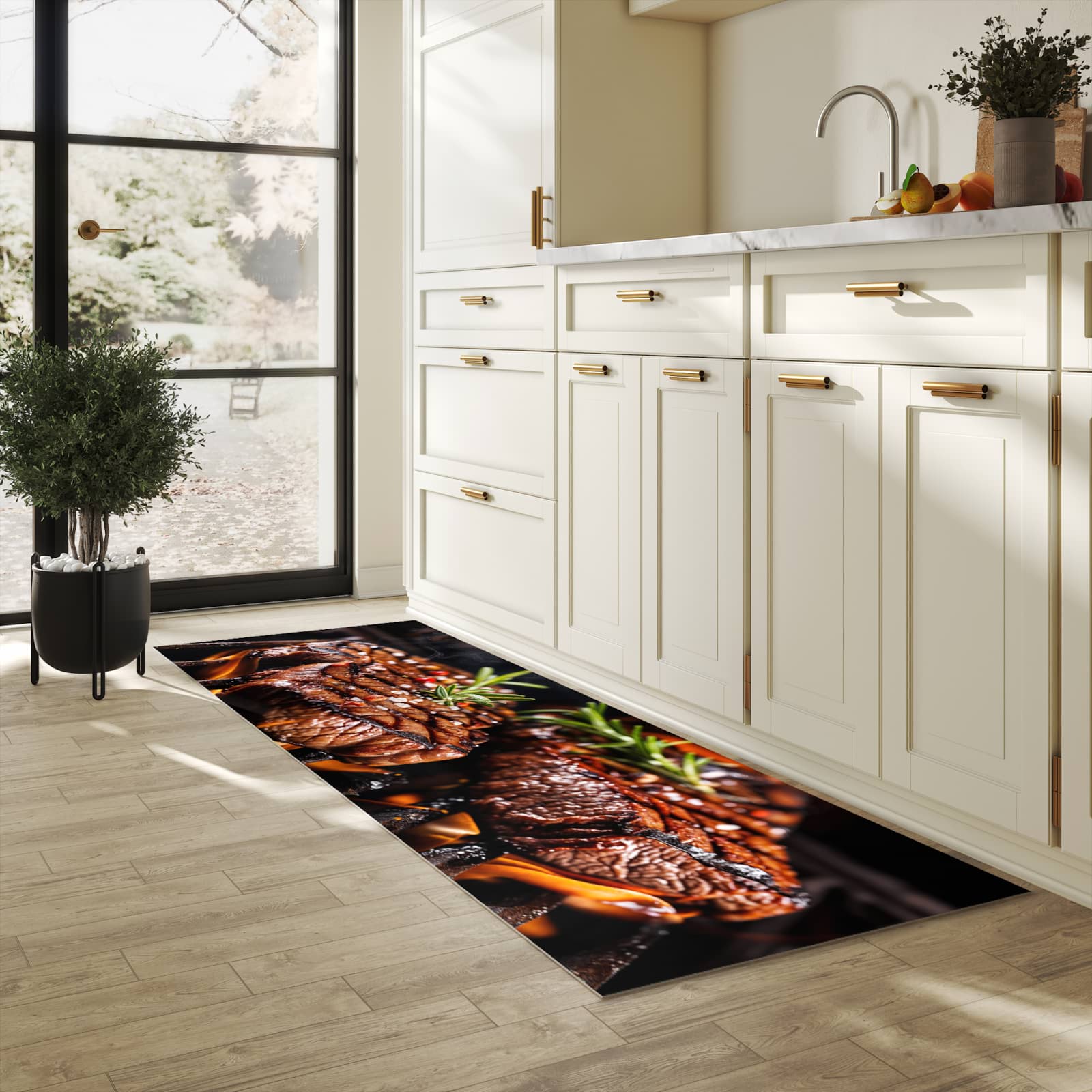 Waschbarer Küchenteppich mit Motiv Gegrillte Steaks in heller Küche für sichere Aufbewahrung