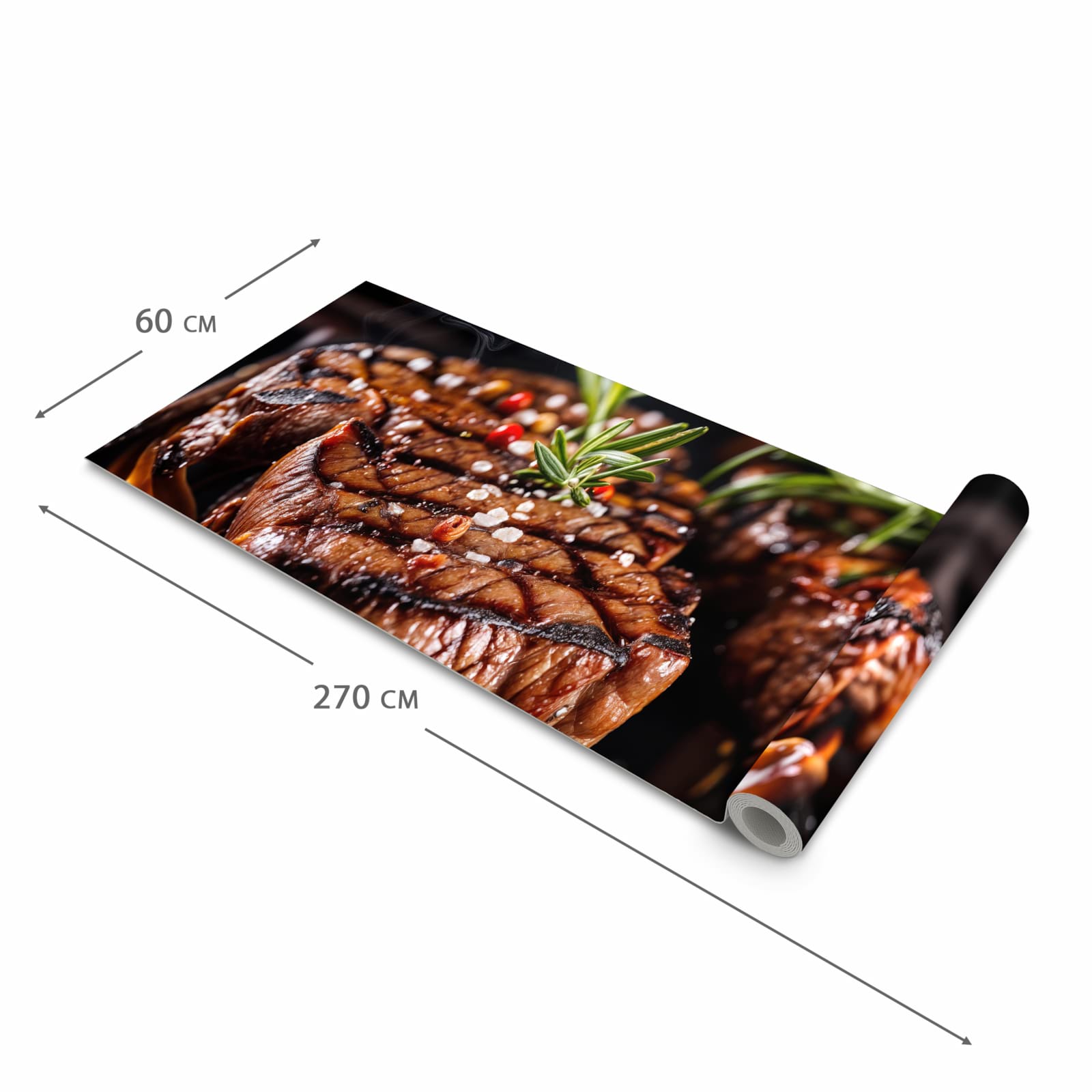 Küchenteppich mit Motiv Gegrillte Steaks in der Größe 60x300 cm für sicheres Aufbewahren